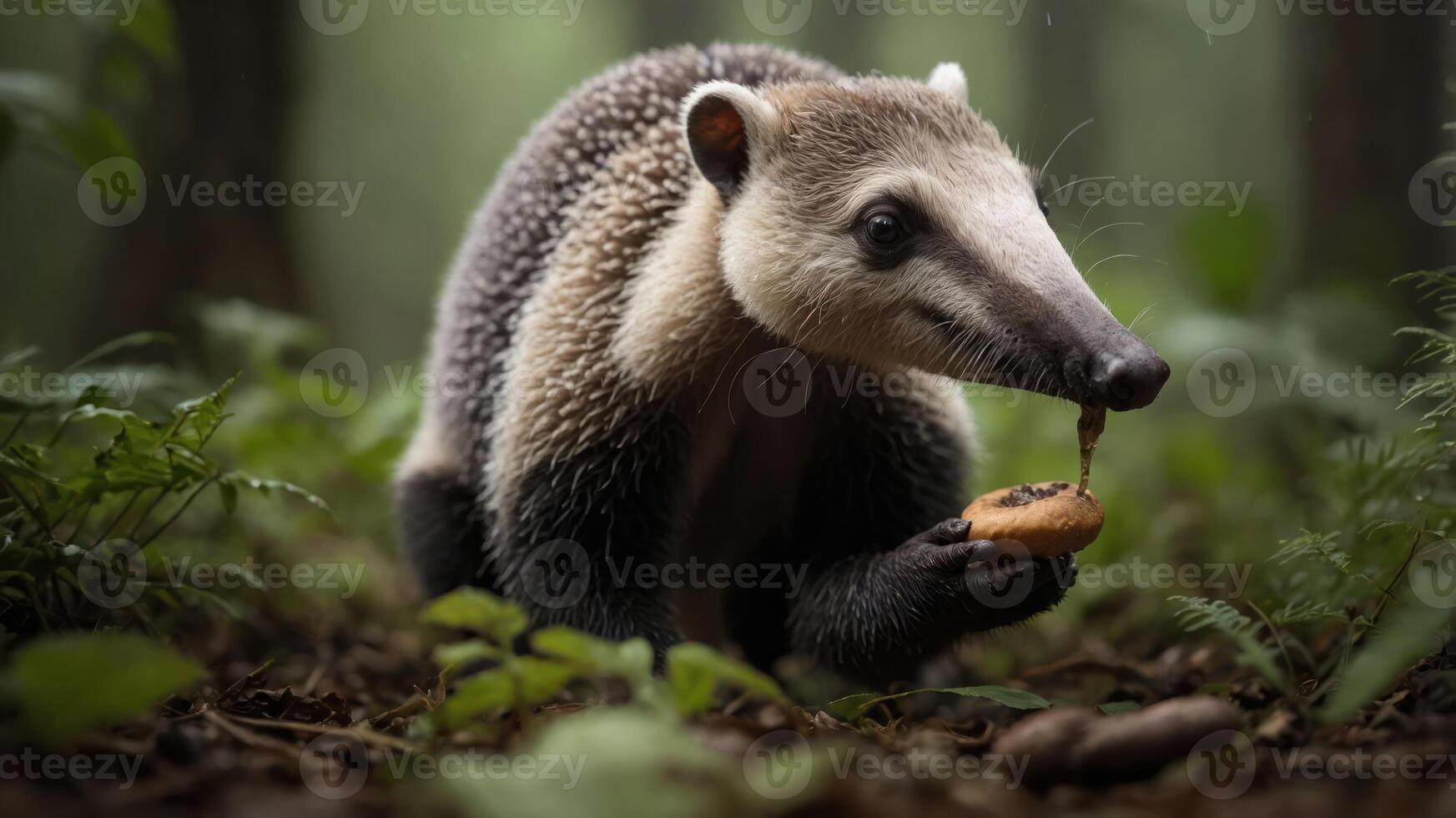 A curious anteater enjoying a sweet treat in a lush, green forest setting with soft sunlight filtering through photo