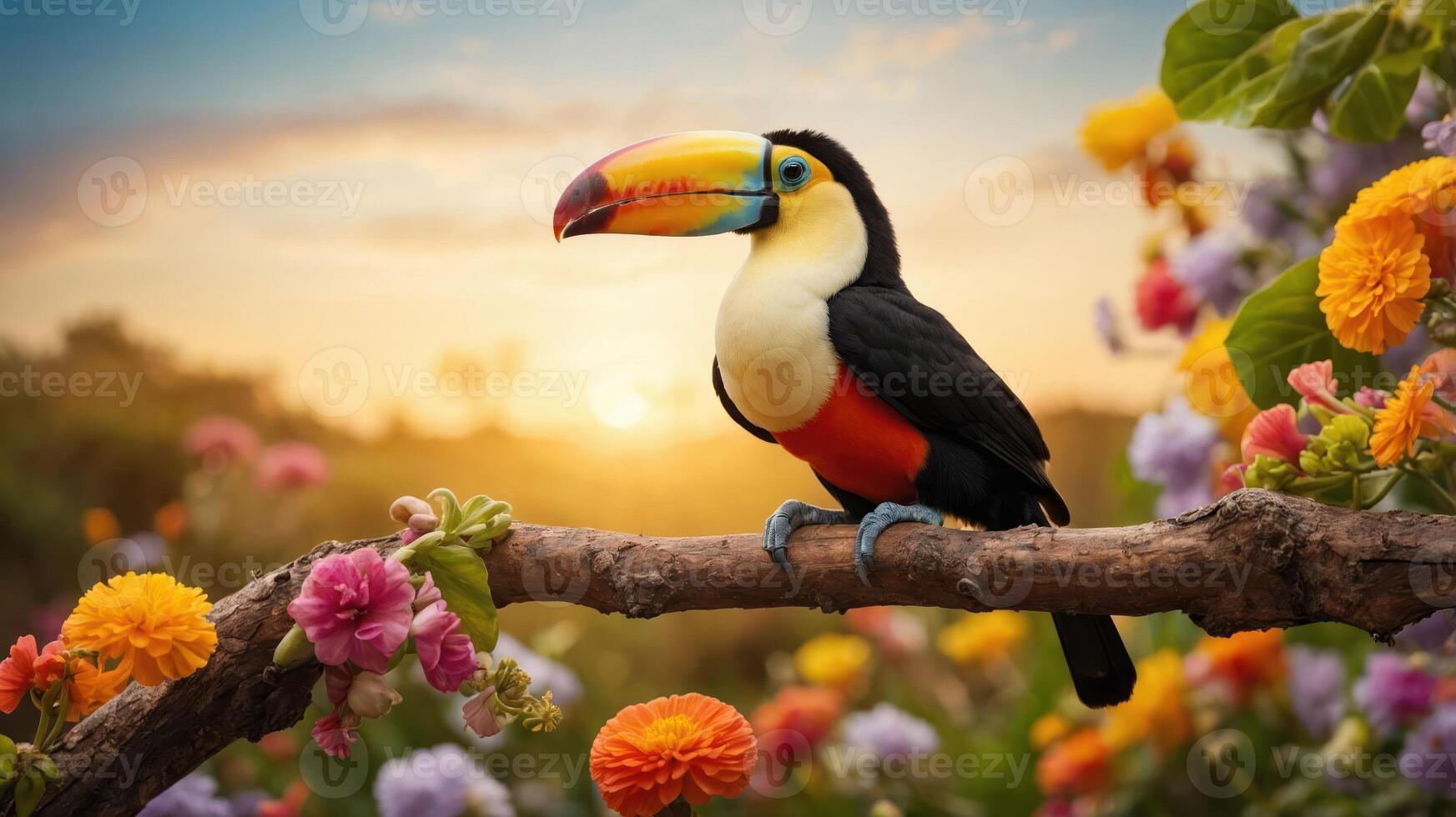 Vibrant toucan perched on a branch amidst colorful flowers at sunset in a lush garden photo