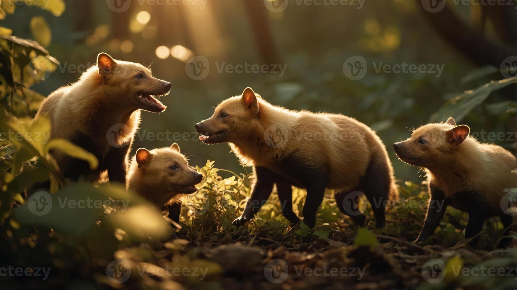 Group of playful fox-like animals interacting in a sunlit forest with lush greenery photo