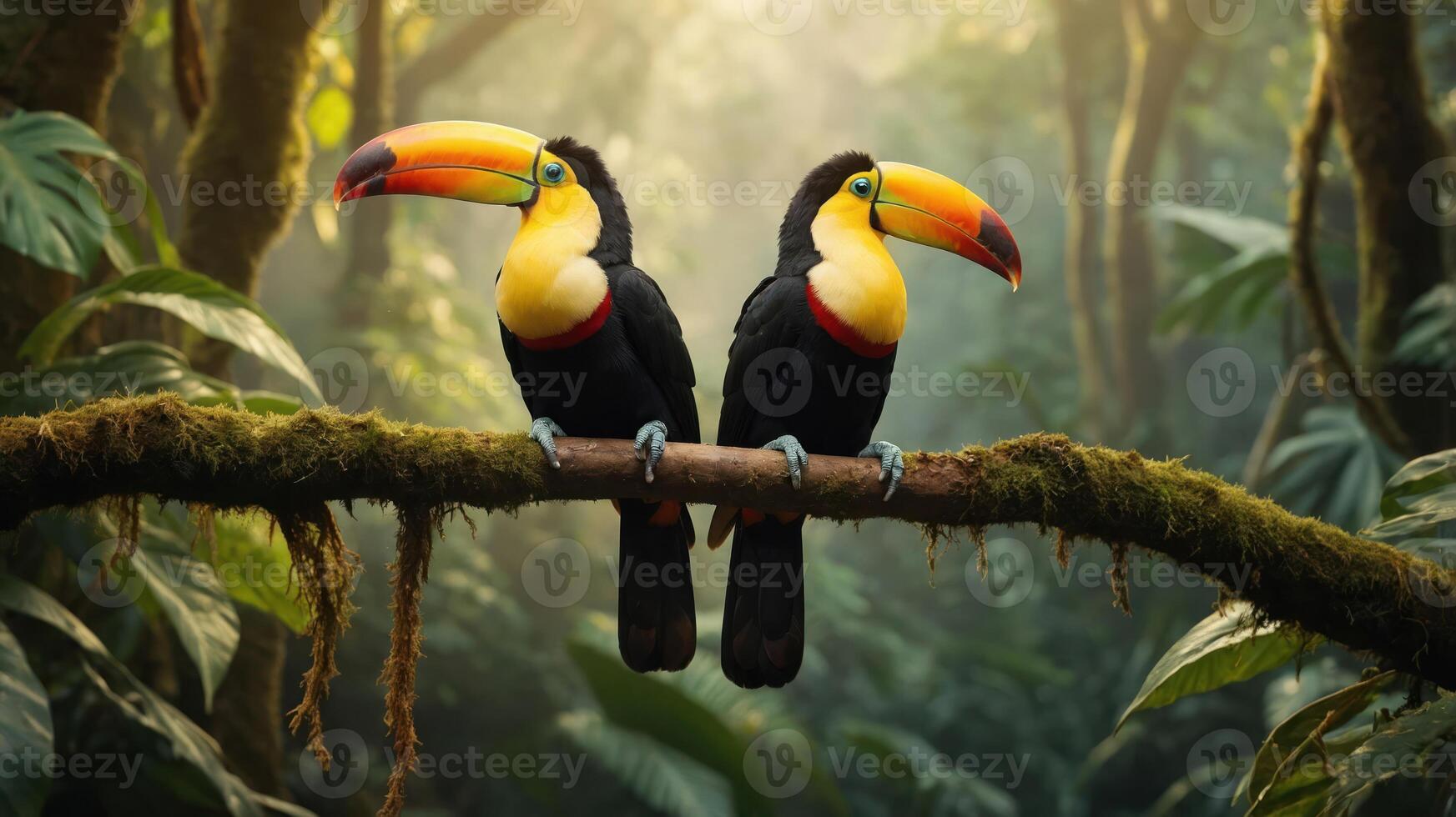 Two vibrant toucans perched on a mossy branch in a lush rainforest, surrounded by greenery photo