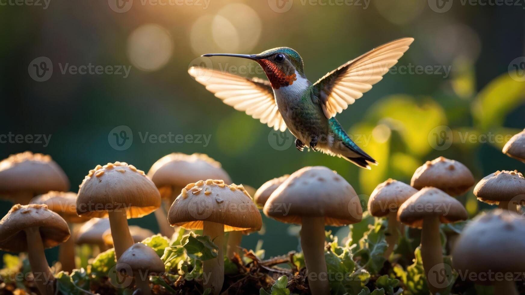 A vibrant hummingbird hovering above delicate mushrooms in a lush, sunlit forest setting photo