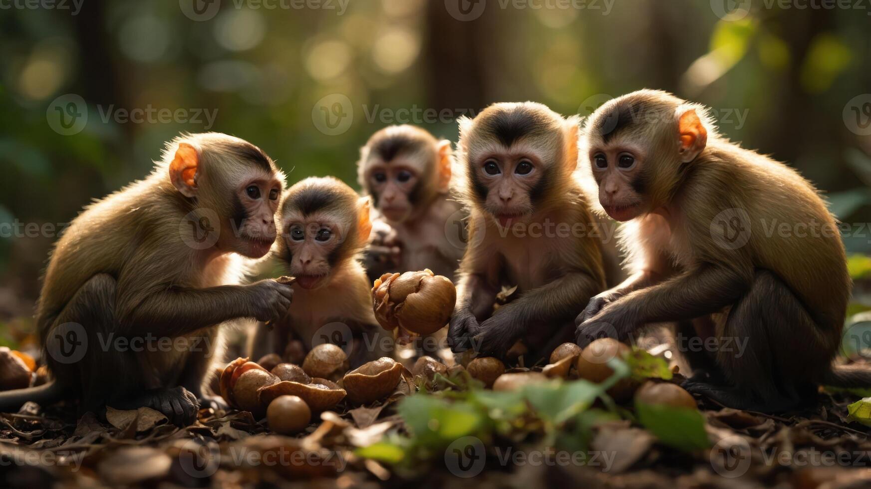A group of playful monkeys in a forest enjoying nuts, surrounded by lush greenery and dappled sunlight photo