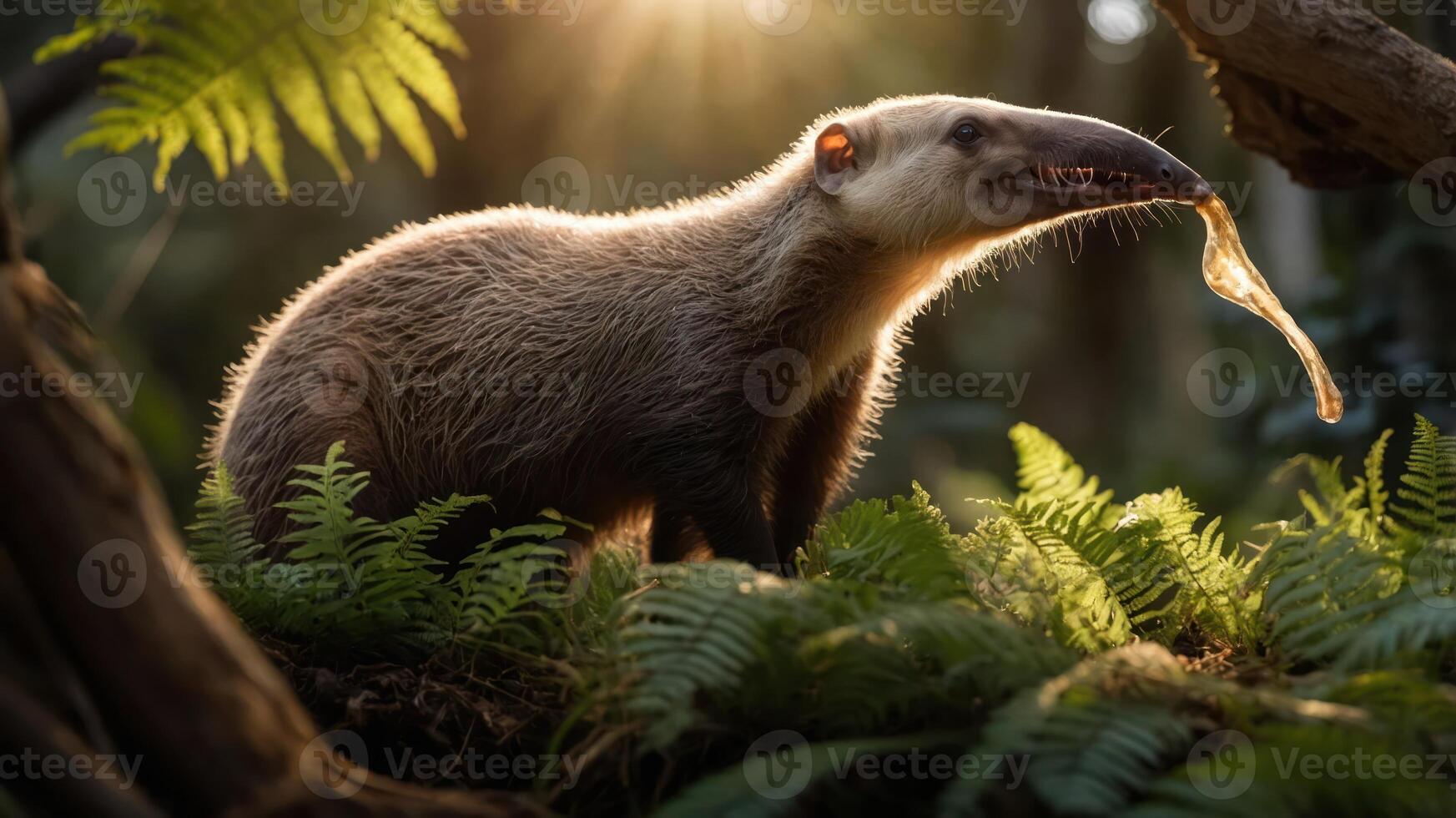 Anteater foraging in lush forest, sunlight filtering through trees, vibrant ferns surrounding photo