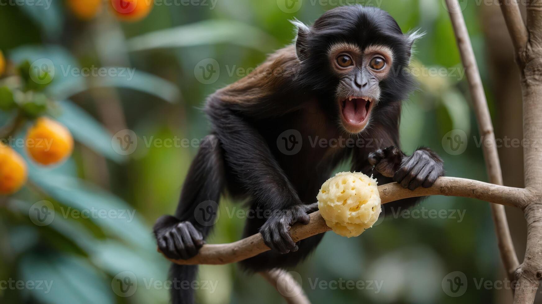 Playful monkey eating fruit while surrounded by lush green foliage in a vibrant zoo setting photo