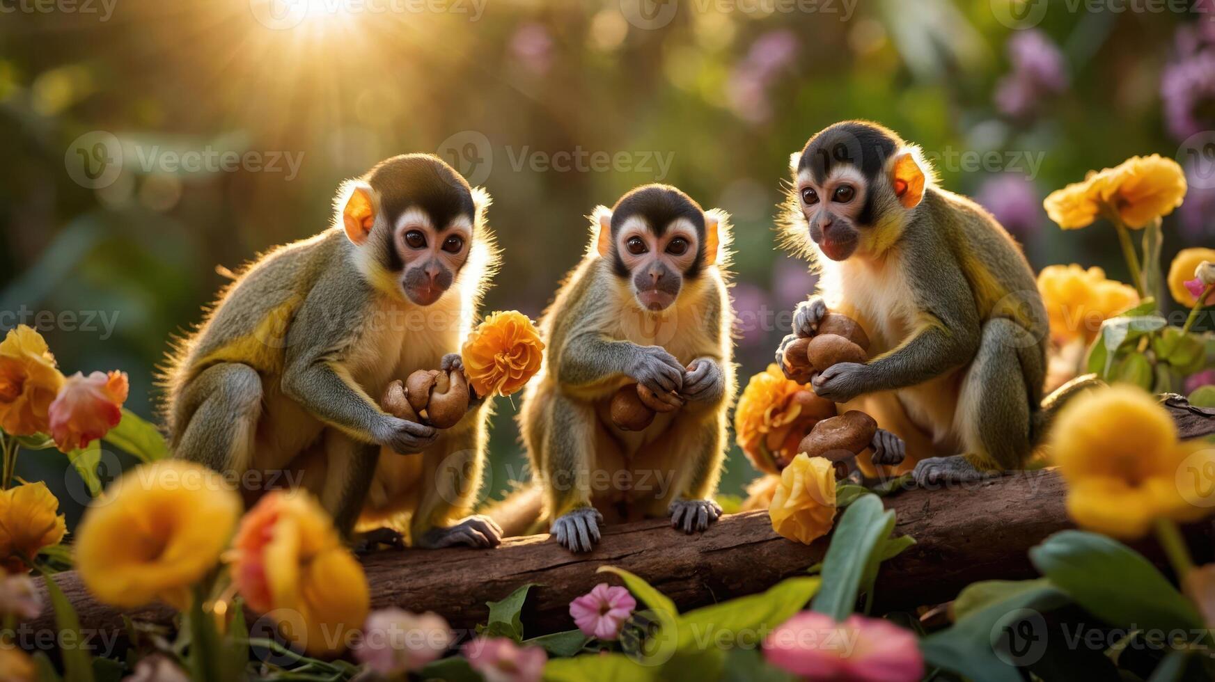 Three playful monkeys holding fruits amidst vibrant flowers in a sunlit garden scene photo