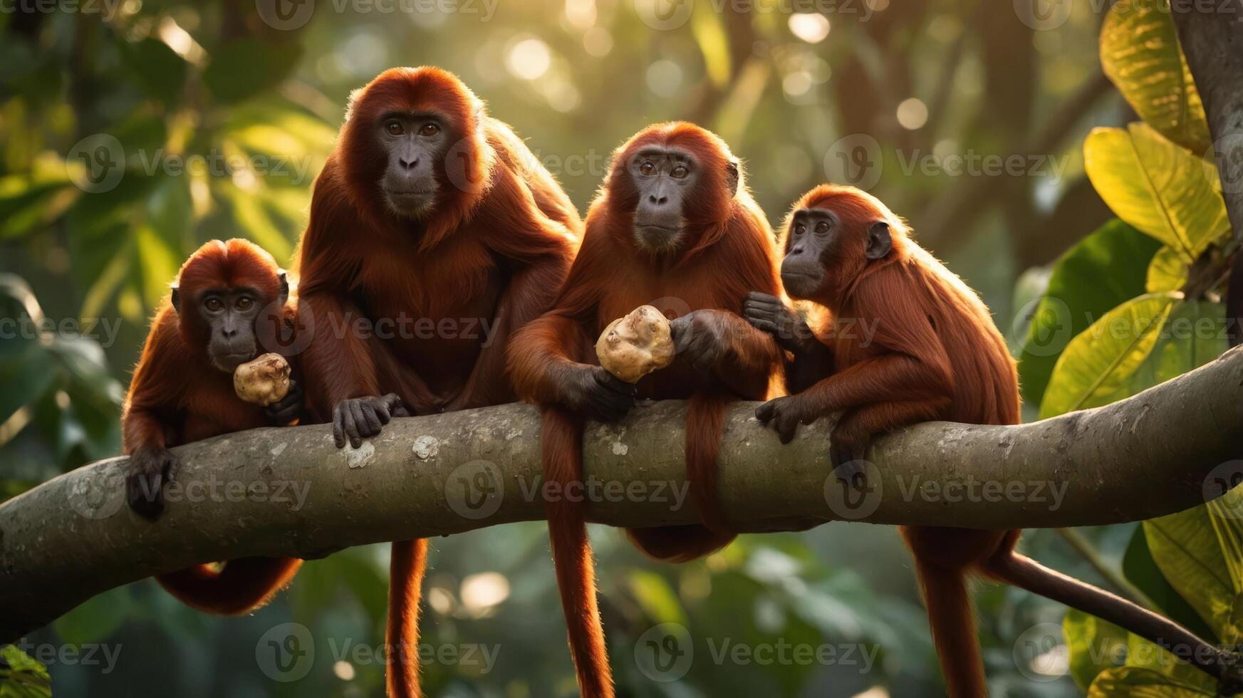 Four red monkeys sitting on a branch in a lush forest, enjoying fruit under soft sunlight photo