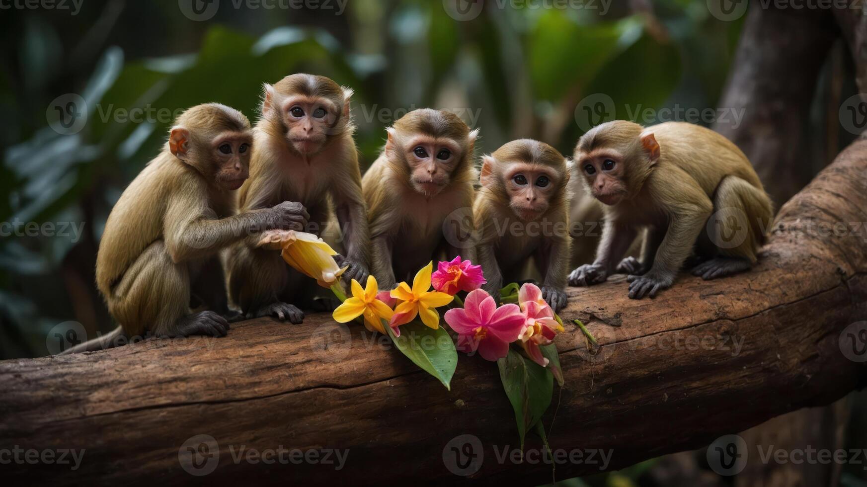 Group of five monkeys sitting on a log surrounded by colorful flowers in a lush forest setting photo