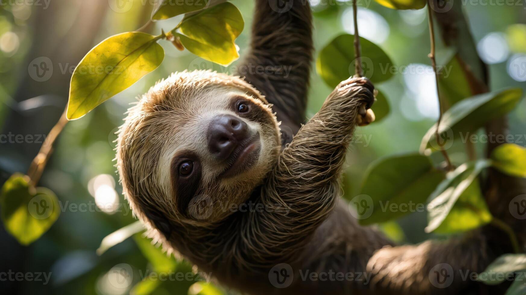 A sloth hanging from a branch in a lush green rainforest, with sunlight filtering through leaves photo
