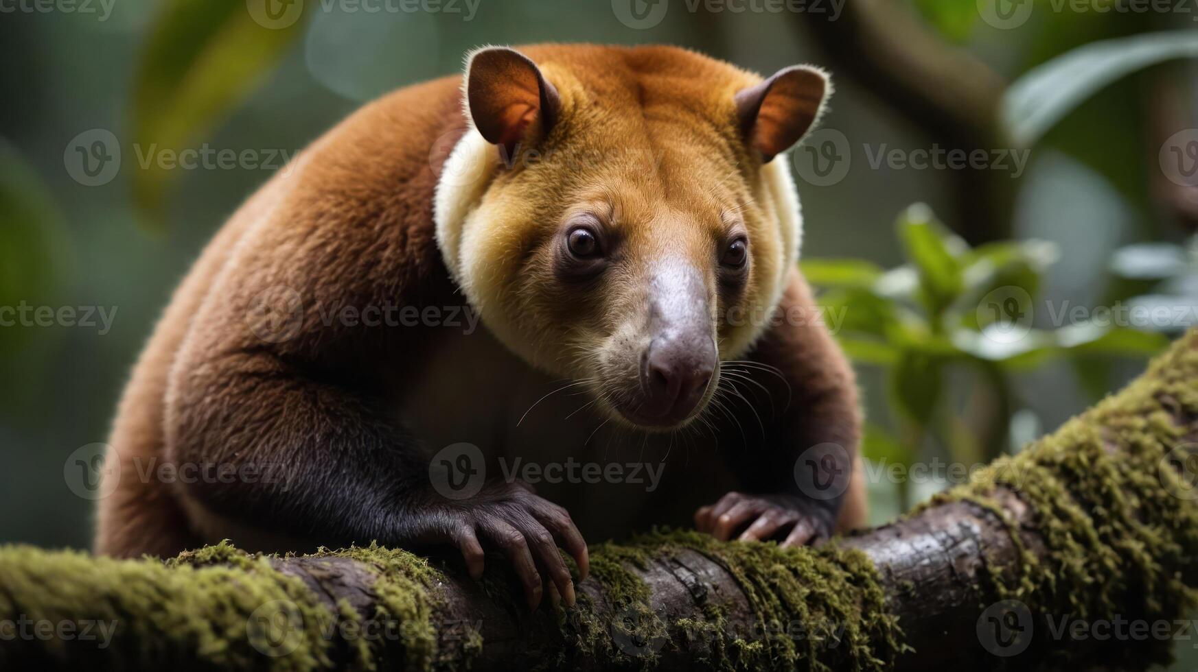A close-up of a tree kangaroo perched on a moss-covered branch in a lush rainforest setting photo