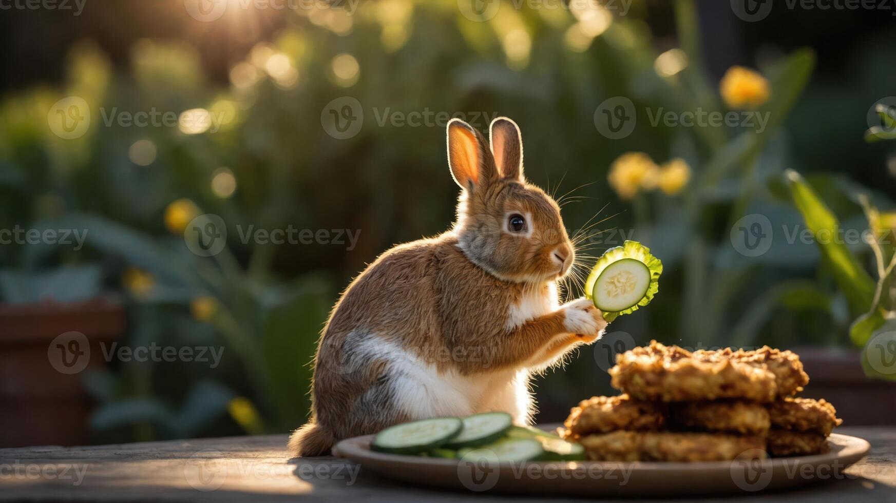 A charming rabbit enjoying a slice of cucumber beside a plate of crispy snacks in a sunny garden photo