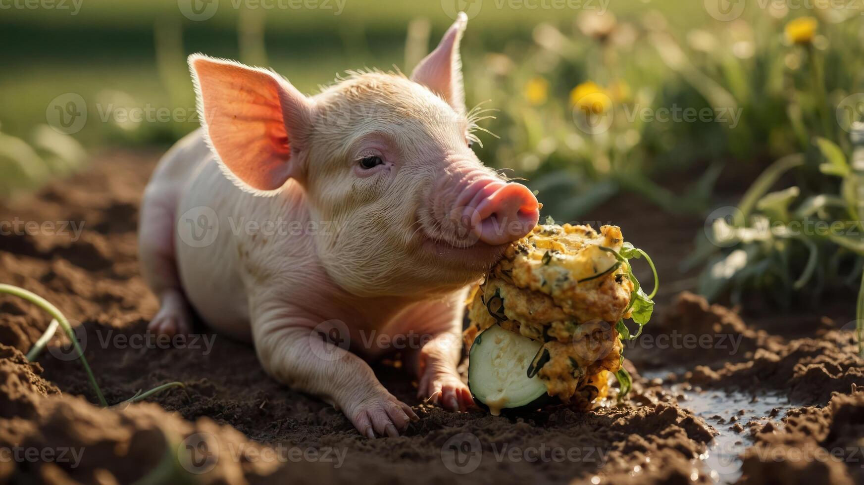 Playful piglet enjoying a tasty vegetable snack in a sunny green field with flowers photo
