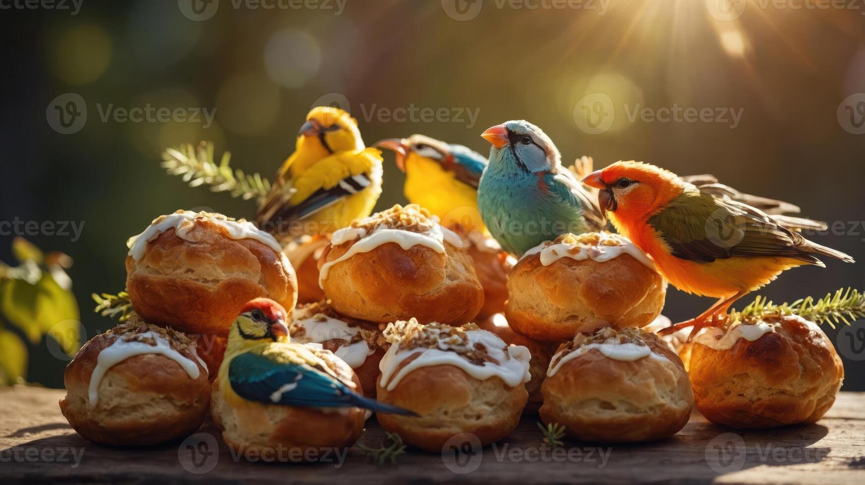 Colorful birds perched on a stack of pastries in a sunlit outdoor setting, showcasing nature's beauty photo