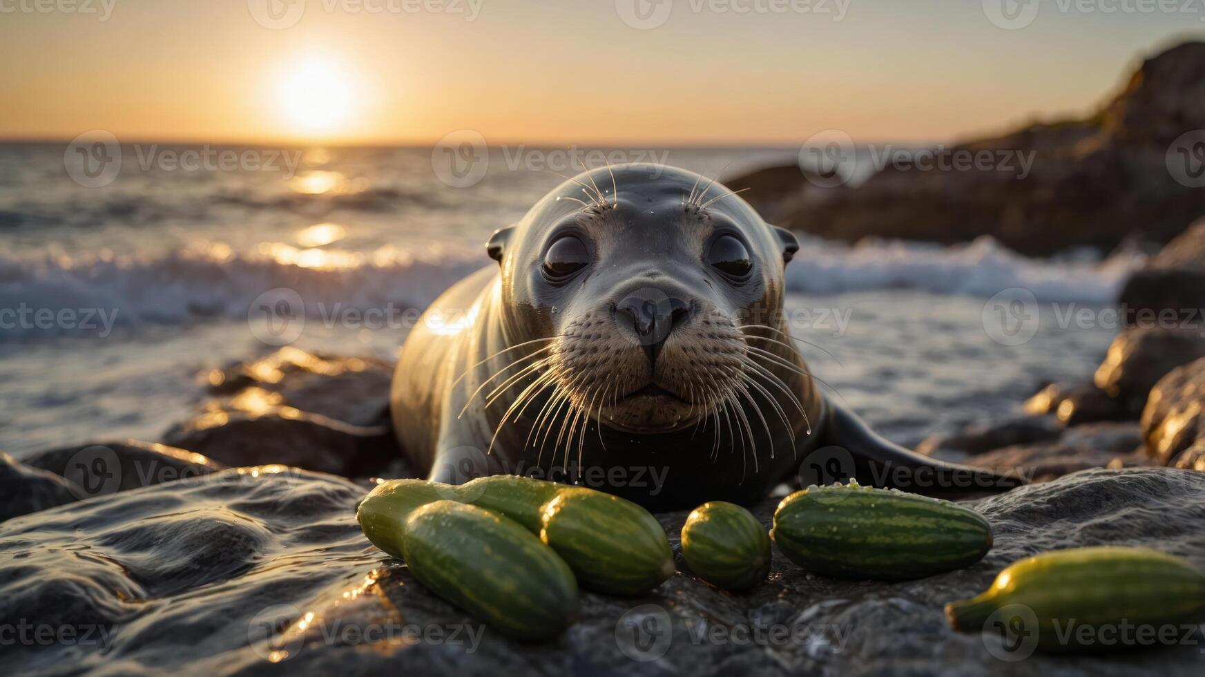 A serene seal resting on rocky shore with cucumbers at sunset, waves gently lapping behind photo