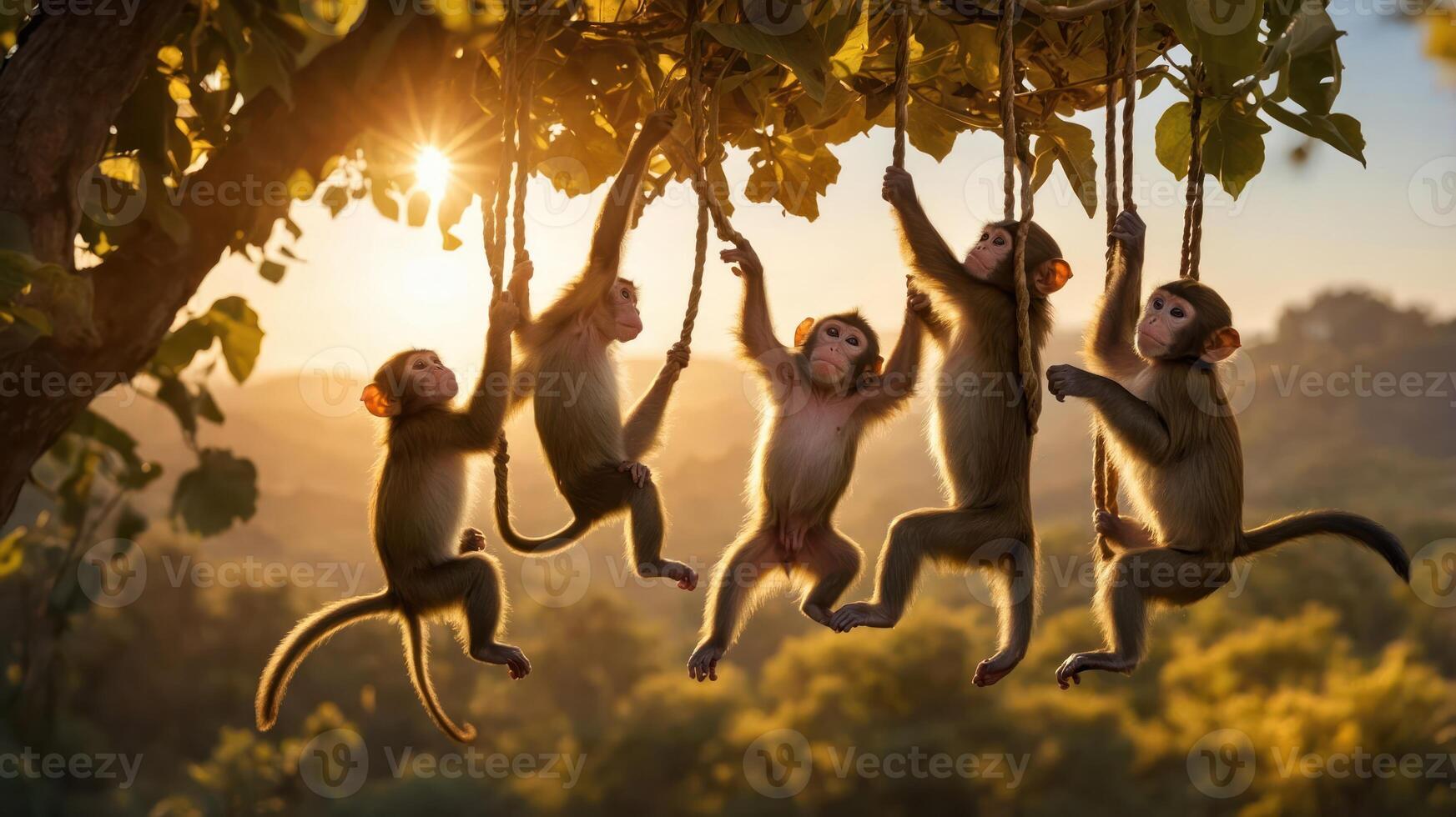 Group of playful monkeys swinging on ropes in a sunlit forest, with a serene landscape in the background photo