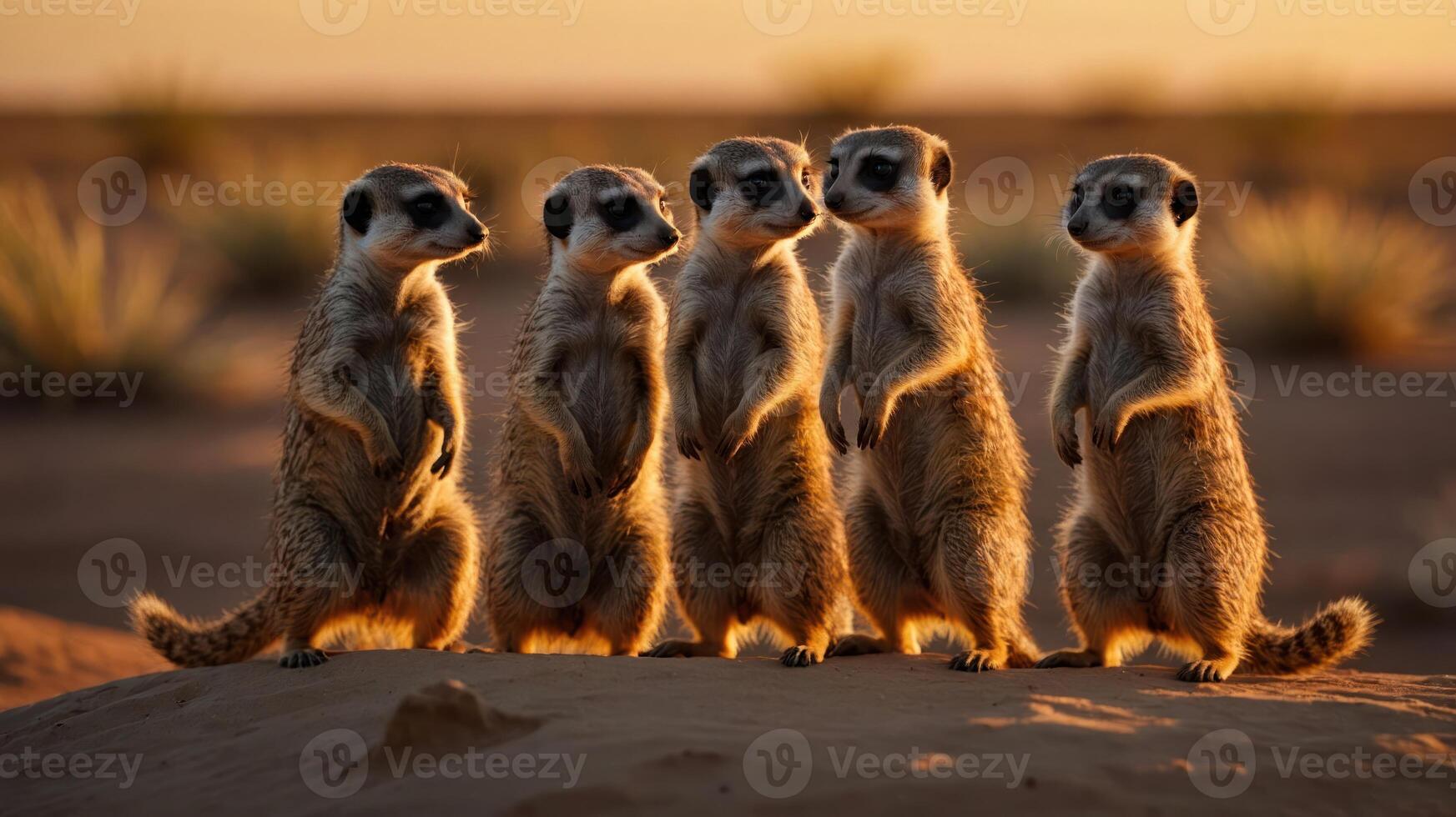 Five meerkats standing in a line at sunset, observing their surroundings in a desert landscape photo