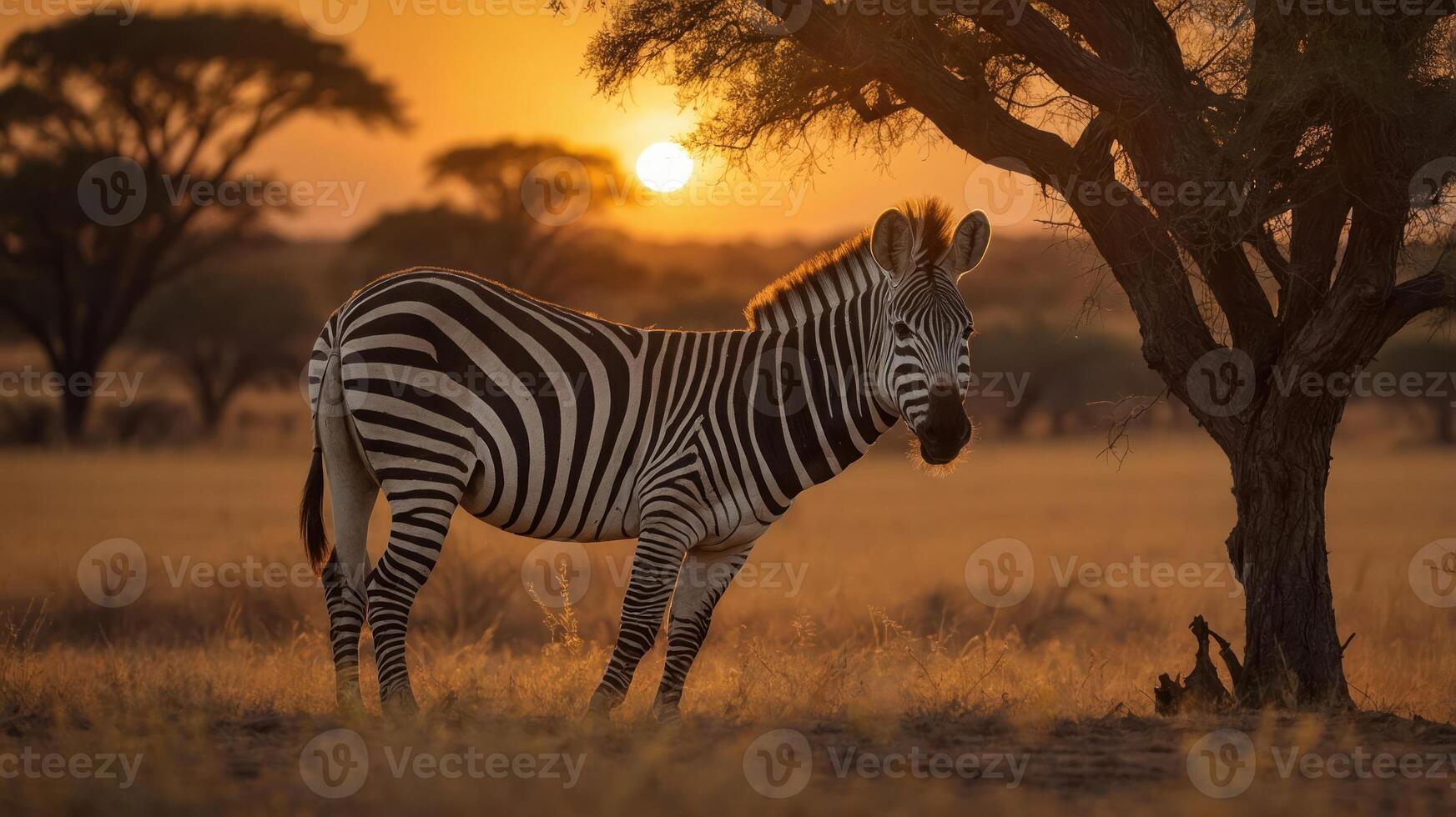 Majestic zebra standing under a tree at sunset in a vast savanna landscape photo