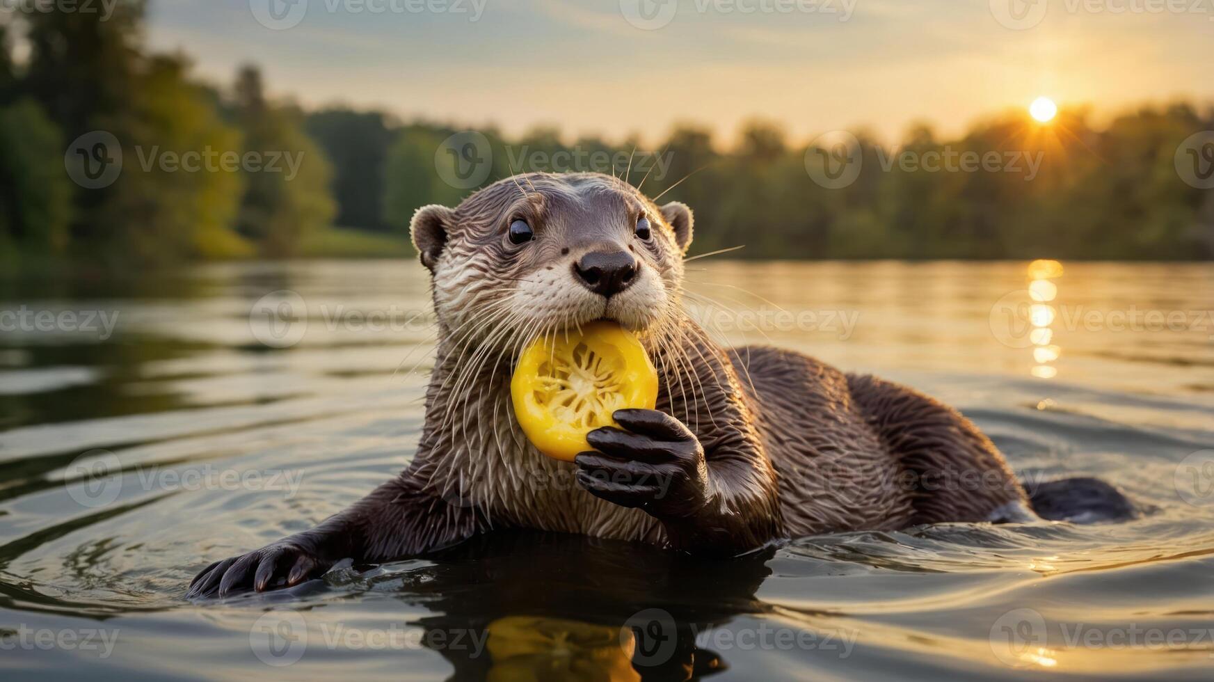 Playful otter holding a slice of cucumber while swimming at sunset in a serene lake photo