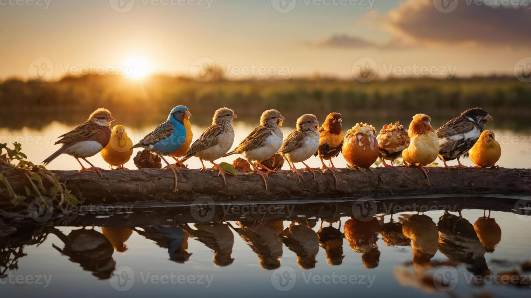 Colorful birds perched on a log by a tranquil lake at sunset, reflecting in the water photo
