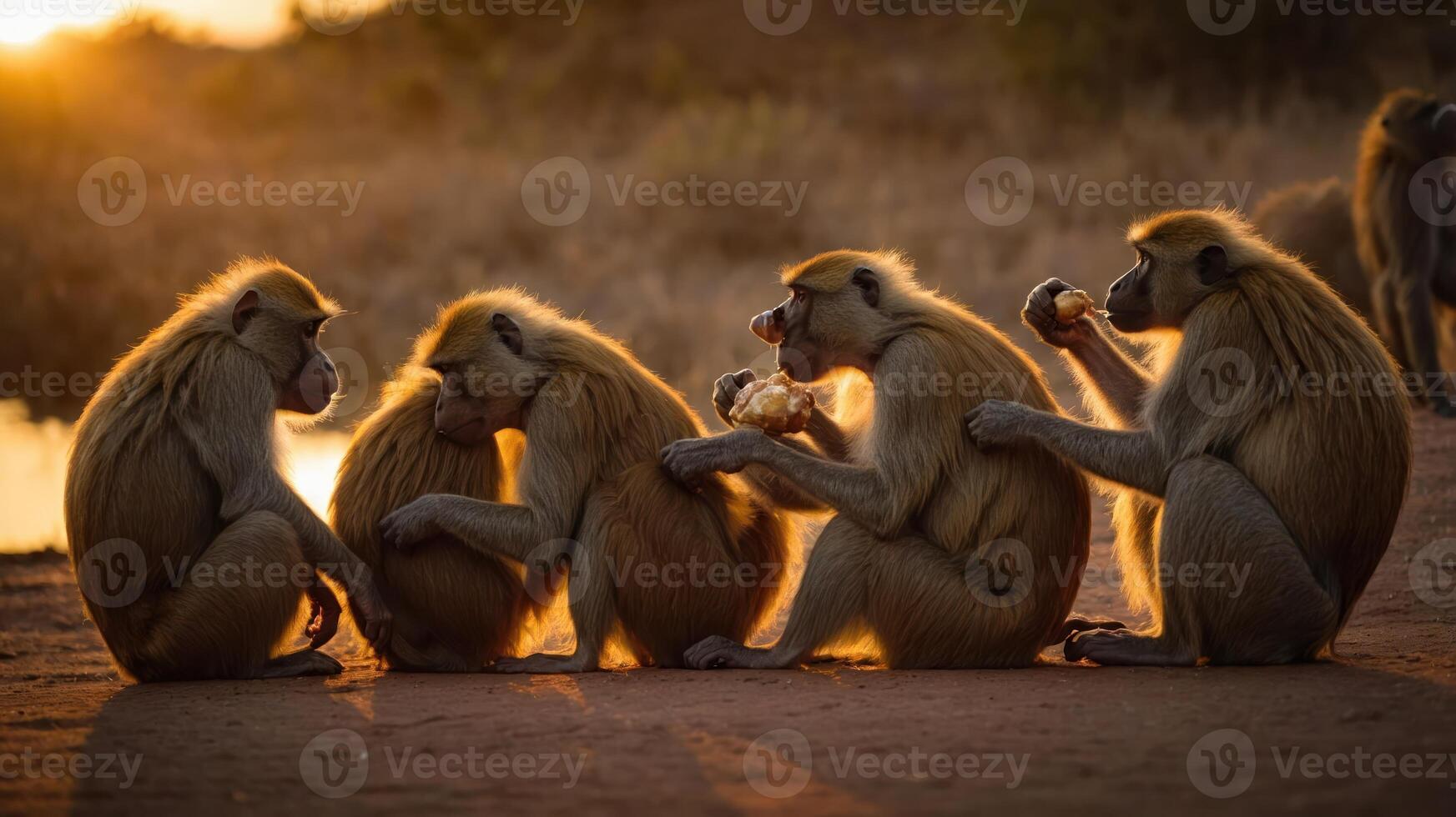 Group of baboons enjoying food during sunset by a river, showcasing natural behavior and habitat photo