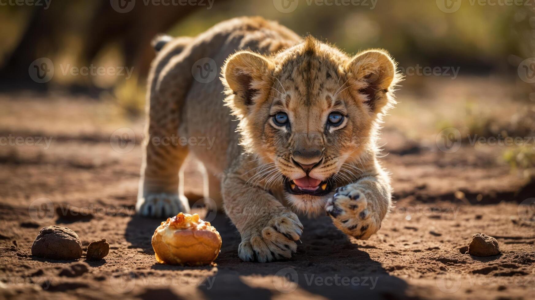 Playful lion cub exploring its surroundings with curiosity on a sunny day in the wild photo