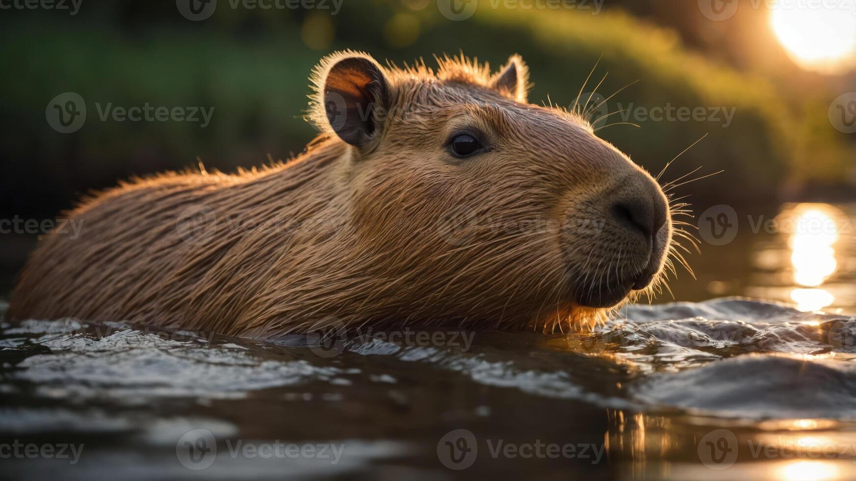 Capybara swimming in serene water at sunset, surrounded by lush greenery and reflections photo
