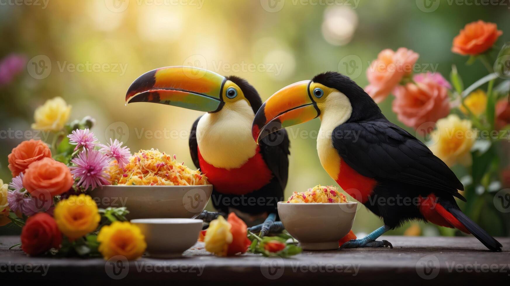 Two vibrant toucans perched beside colorful flowers and bowls of fruit in a lush garden photo