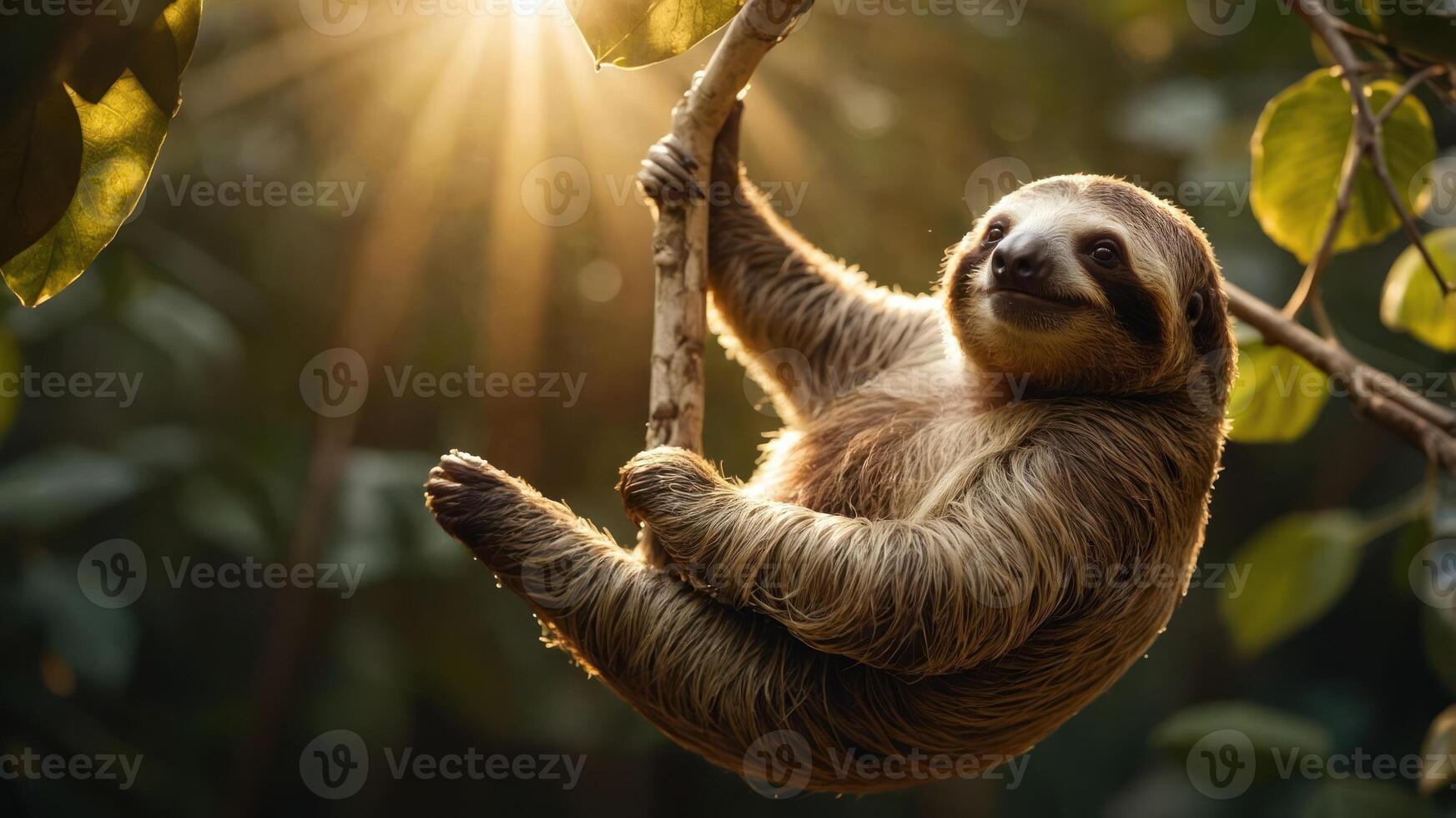 A sloth hanging from a tree branch, basking in the warm sunlight of a lush jungle environment photo