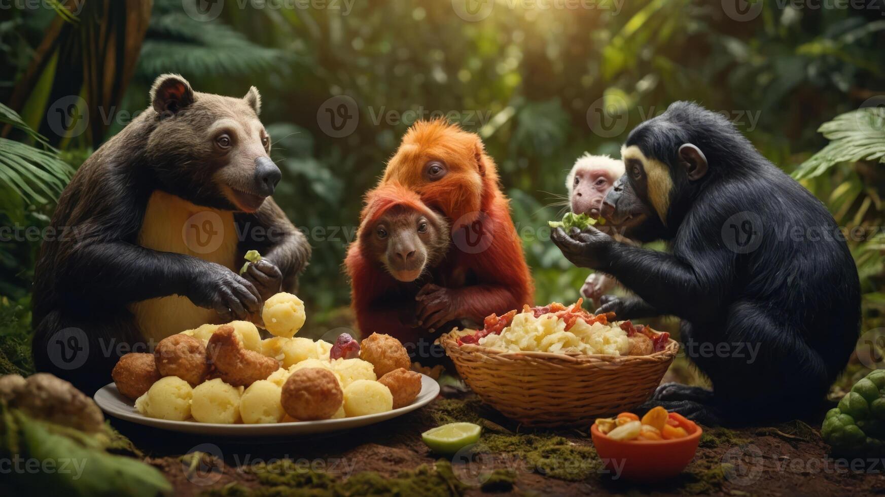 Group of diverse monkeys and a bear enjoying a feast in a vibrant jungle setting photo