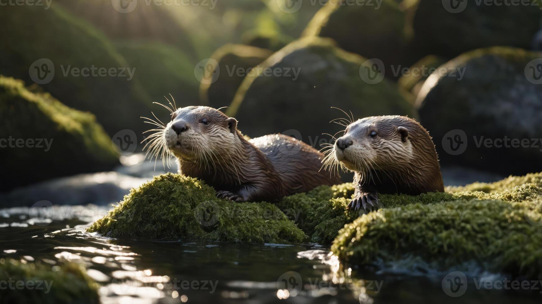 Two playful otters lounging on mossy rocks by a serene river, with sunlight filtering through trees photo