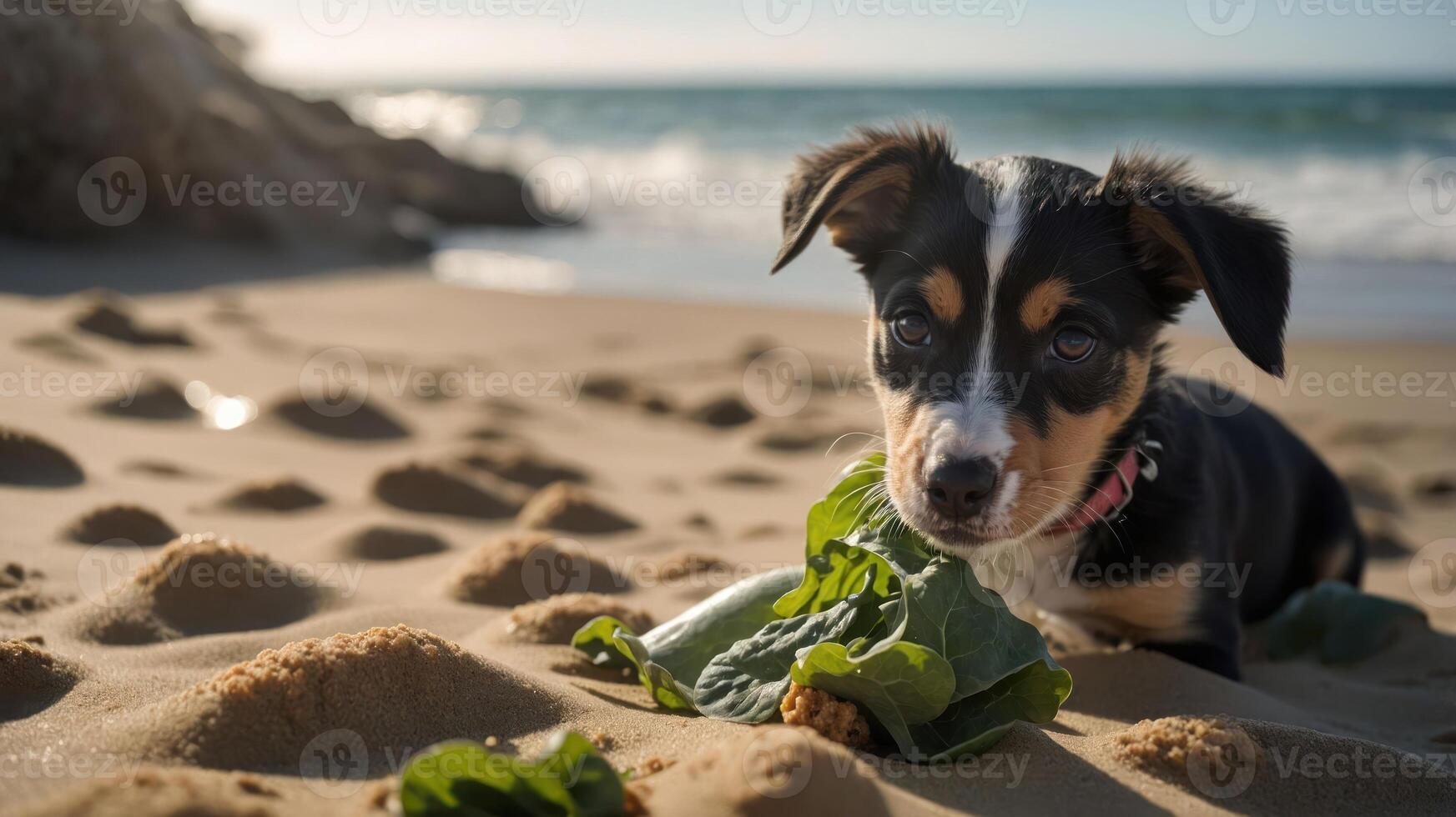 Playful puppy chewing on leafy greens while lying on sandy beach with ocean in background photo