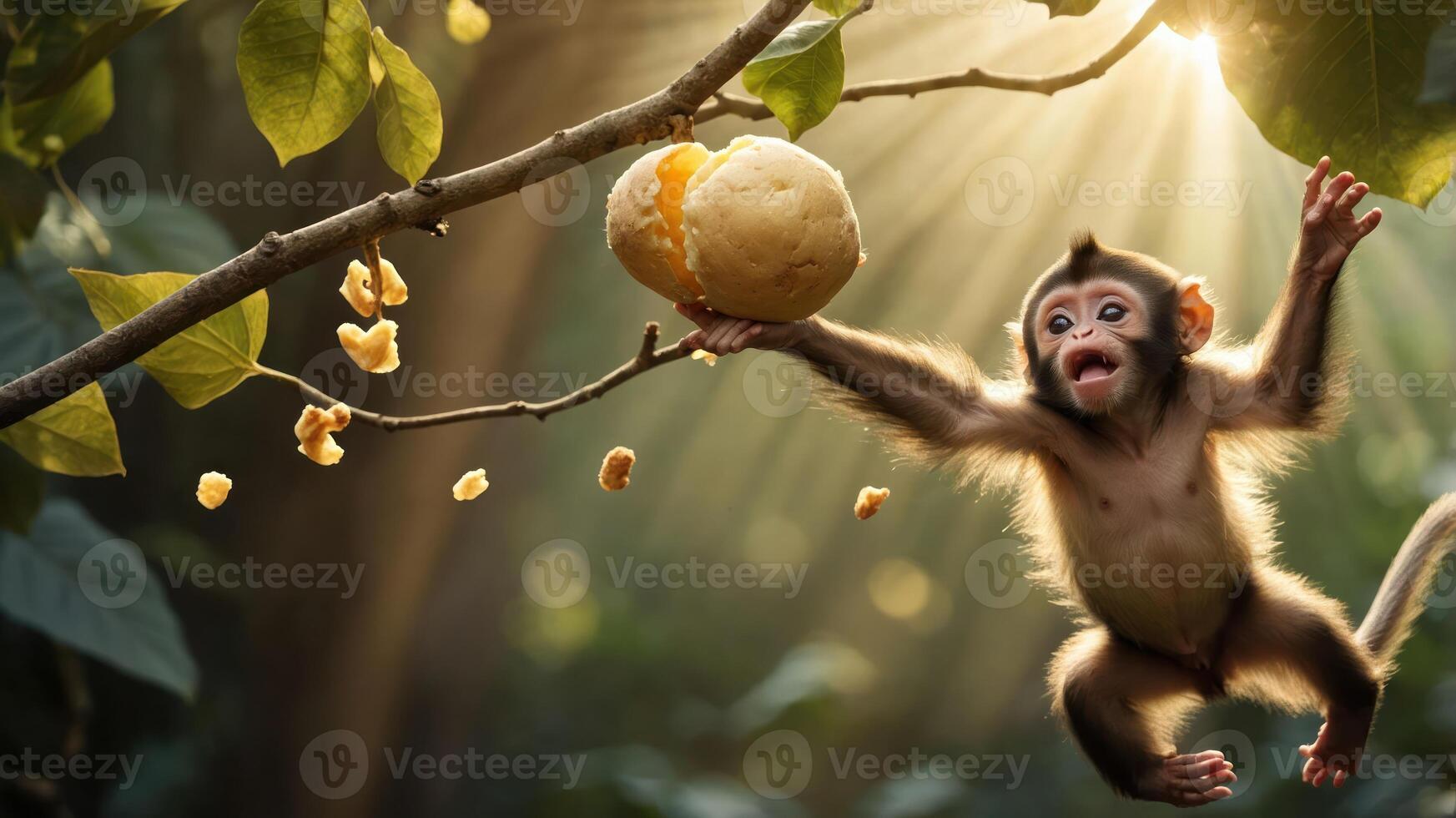 Playful monkey reaching for fruit in sunlit jungle, surrounded by lush greenery and falling leaves photo