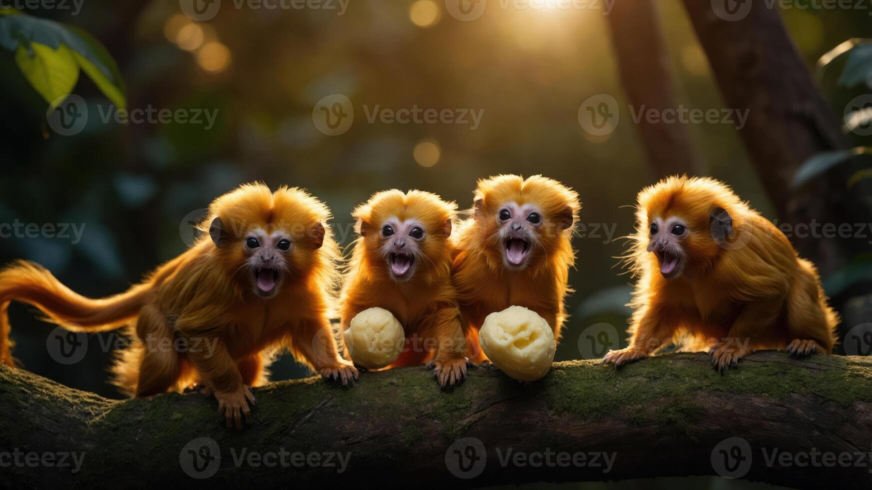 Four vibrant golden monkeys sitting on a tree branch, playfully interacting with fruits in a lush forest photo