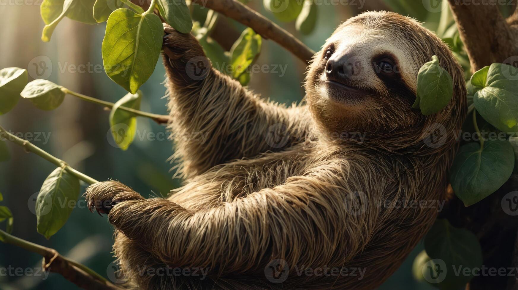 A sloth hanging from a tree branch, surrounded by lush green foliage in a tranquil forest setting photo