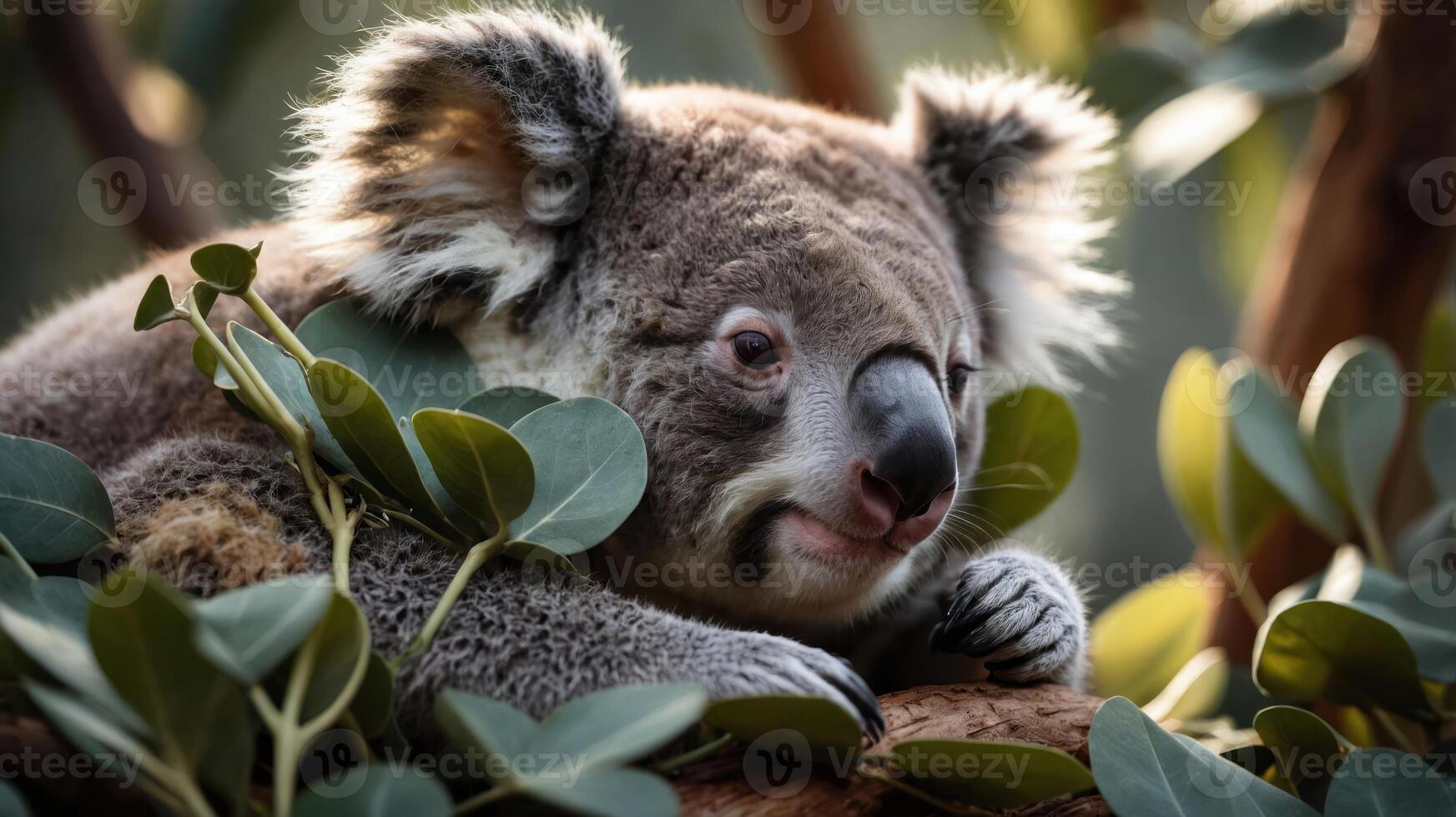 A serene koala resting among lush eucalyptus leaves in a tranquil Australian forest setting photo