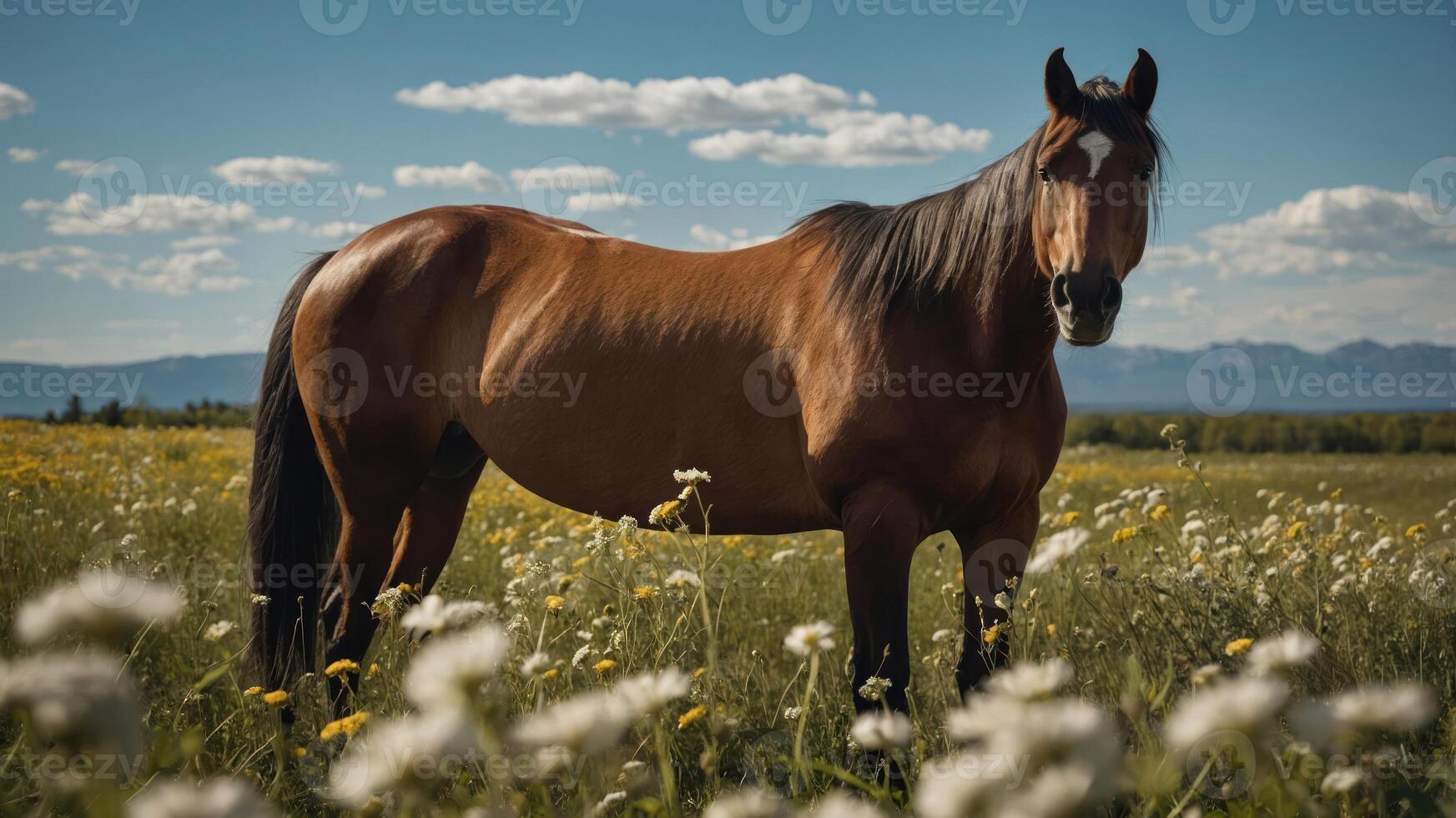 A majestic brown horse standing in a vibrant field of wildflowers under a clear blue sky photo