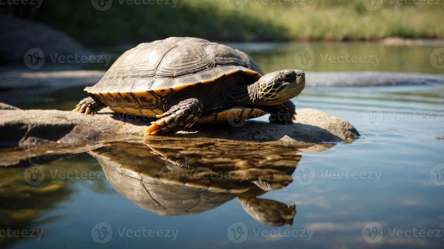 Turtle basking on a rock by a serene lake, reflecting in calm waters surrounded by greenery photo