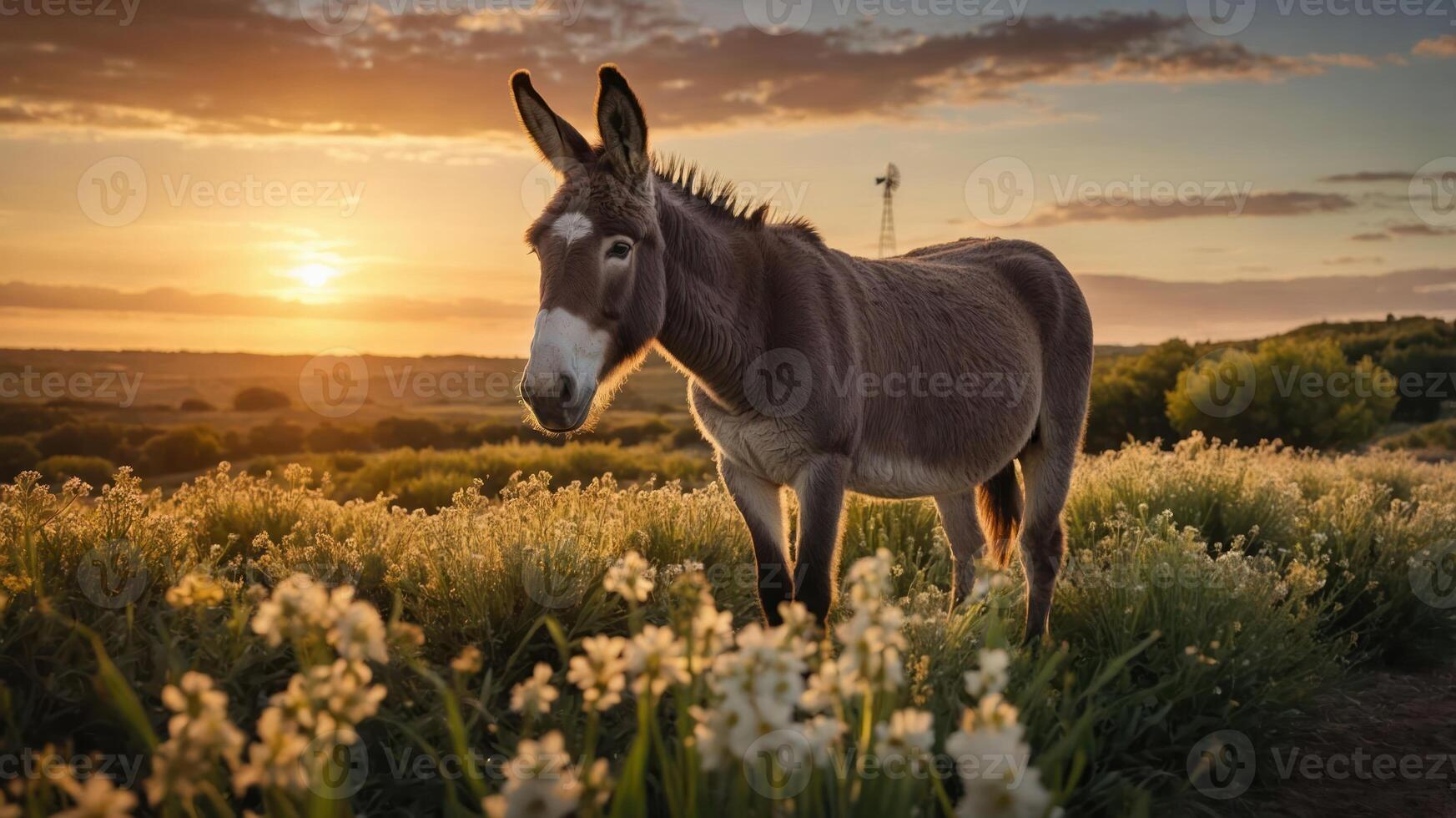 A serene donkey stands in a field of flowers at sunset, with wind turbines in the background photo