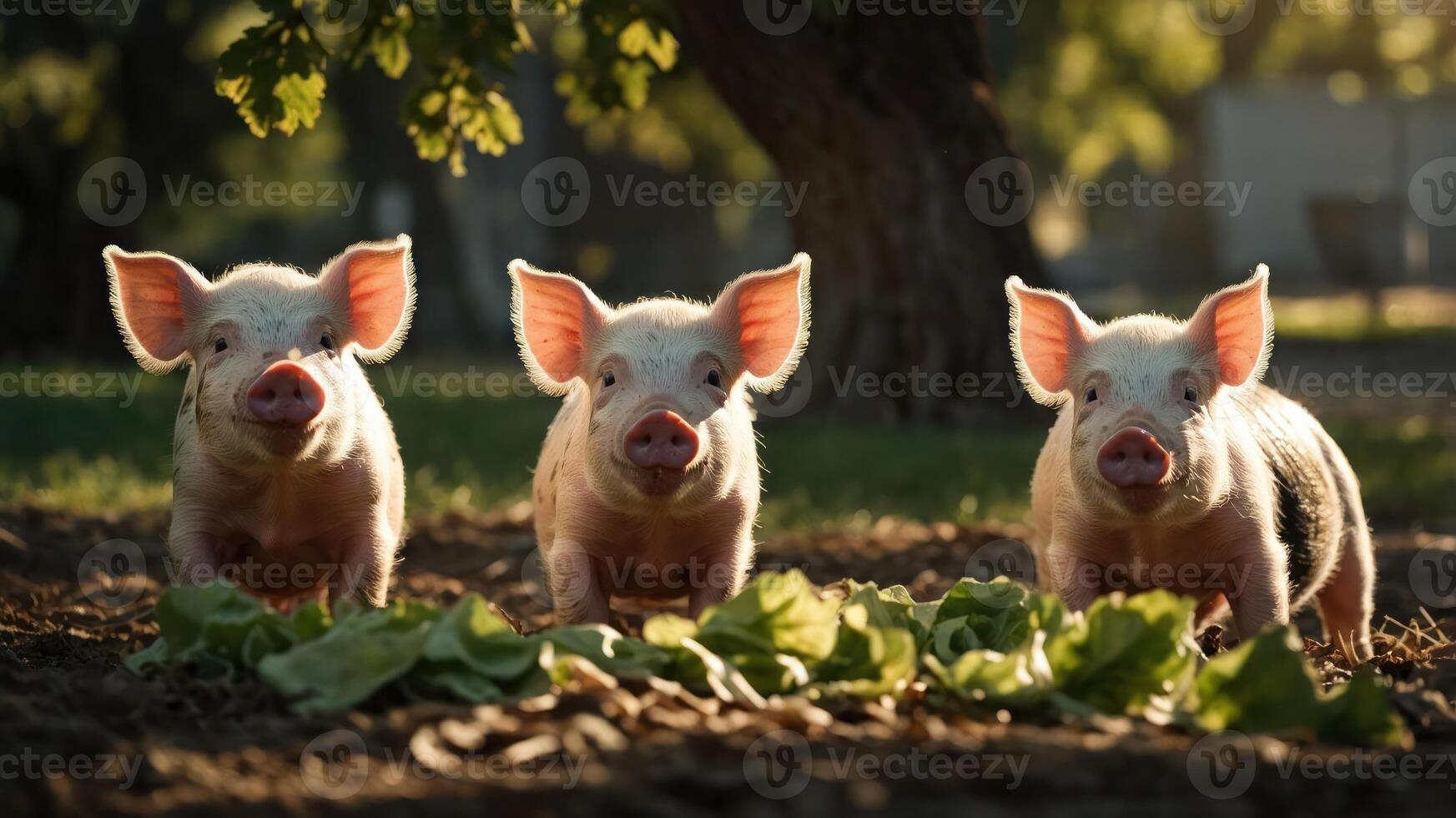 Three adorable piglets playfully exploring a sunny farmyard with fresh greens in the background photo