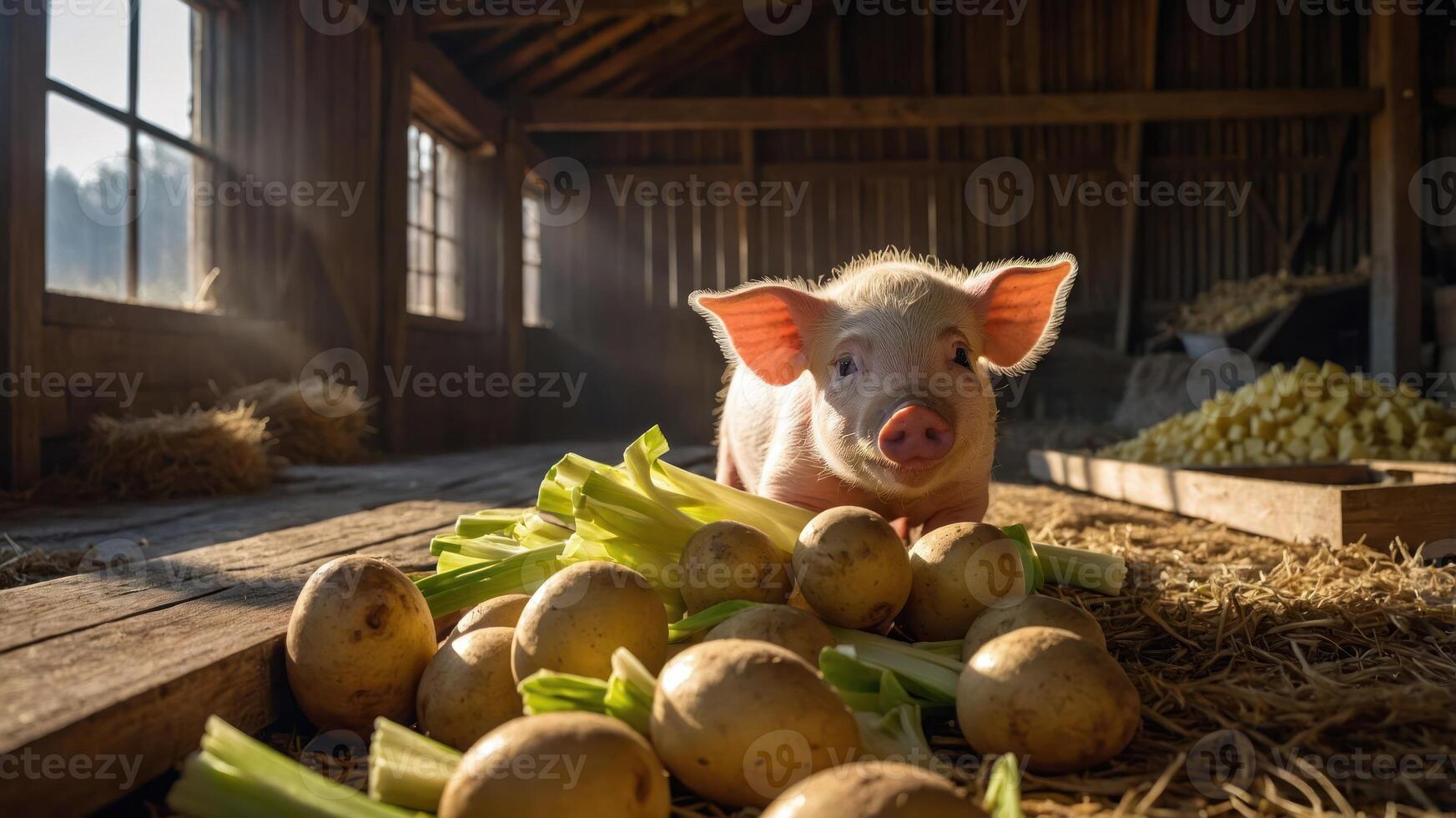 Cute piglet resting among fresh potatoes and celery in a rustic barn filled with hay photo