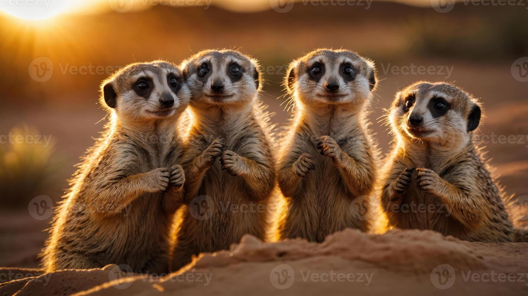 Four meerkats standing together in the desert at sunset, showcasing their curious expressions photo