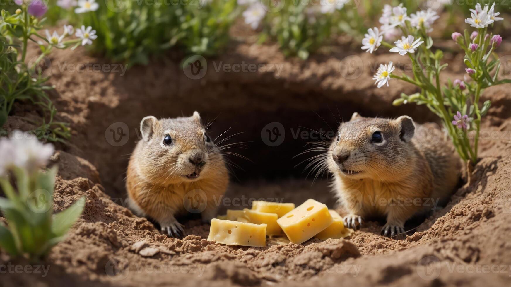 Two small rodents enjoying cheese near their burrow surrounded by blooming flowers in spring photo