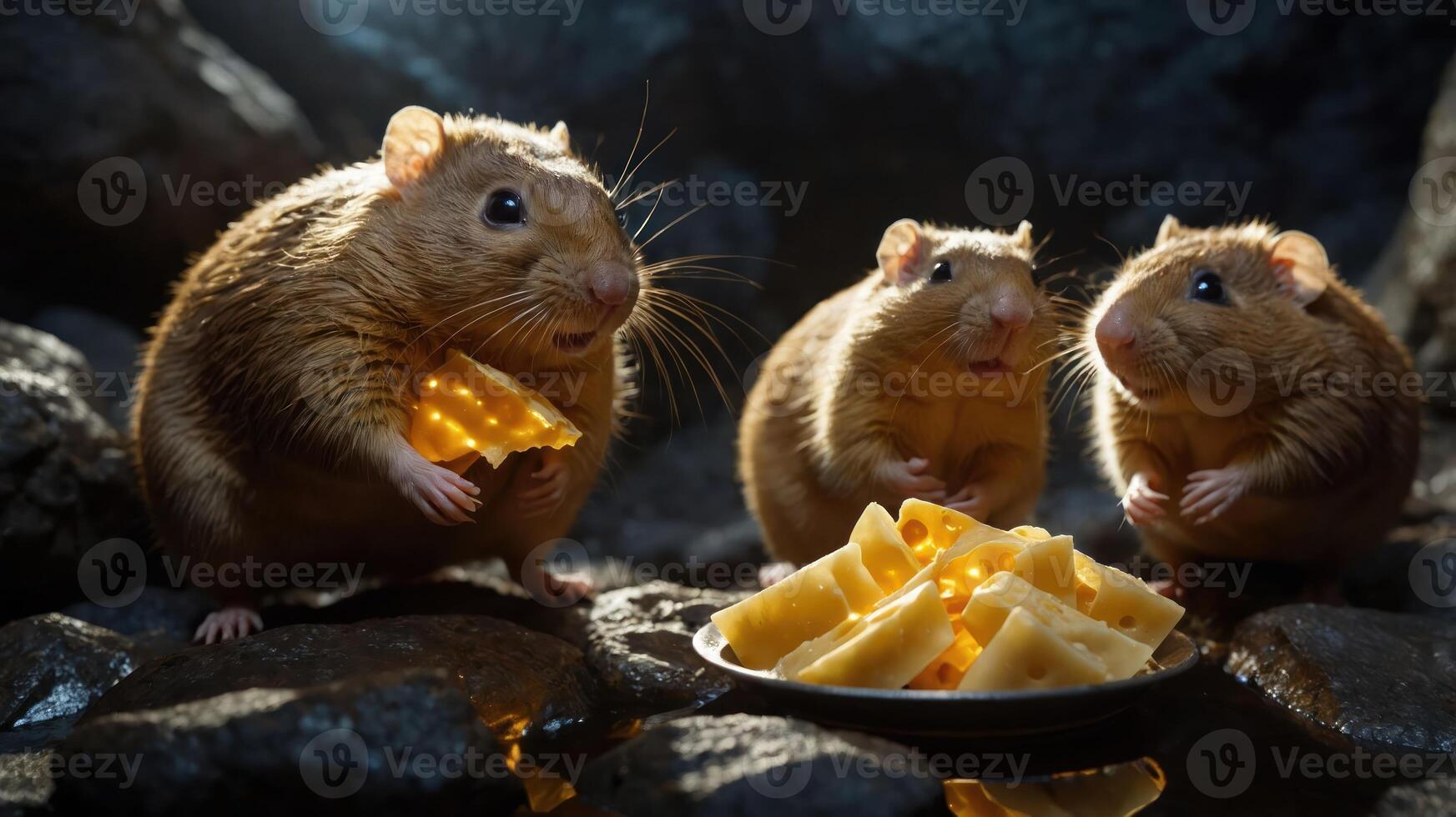 Three adorable rodents enjoying cheese in a rocky cave setting, with soft lighting enhancing the scene photo