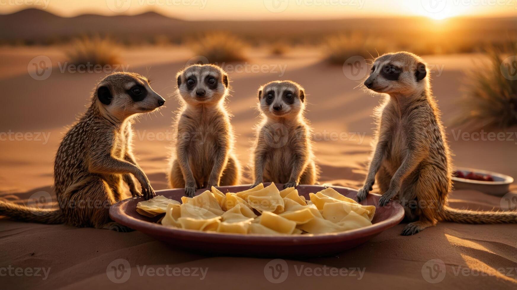Four meerkats gathered around a plate of fruit in a desert during sunset, enjoying a feast photo