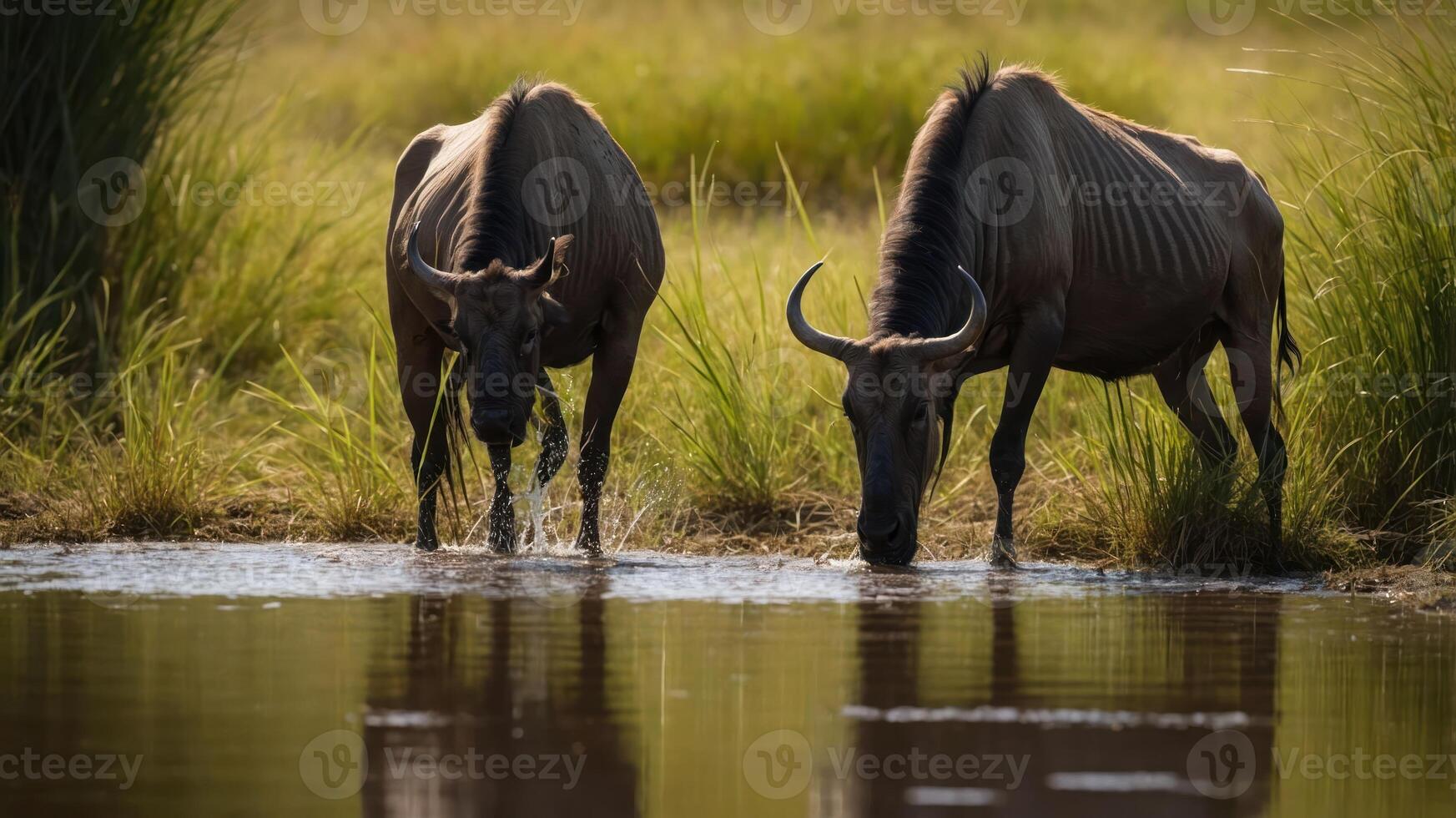 Two wildebeests drinking from a tranquil waterhole surrounded by lush grasslands at sunset photo