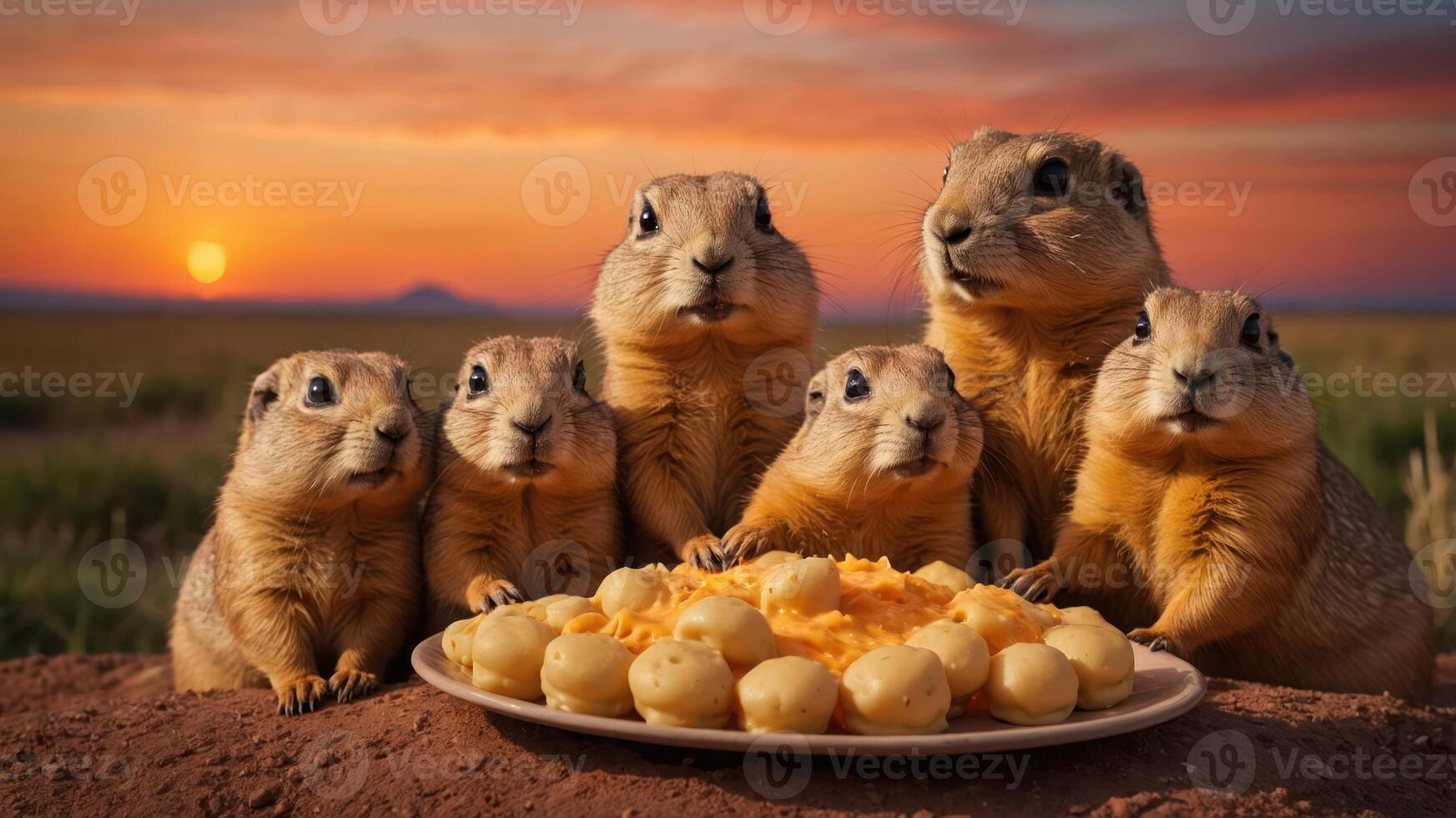 A group of prairie dogs gathered around a plate of food during a colorful sunset in the wild photo