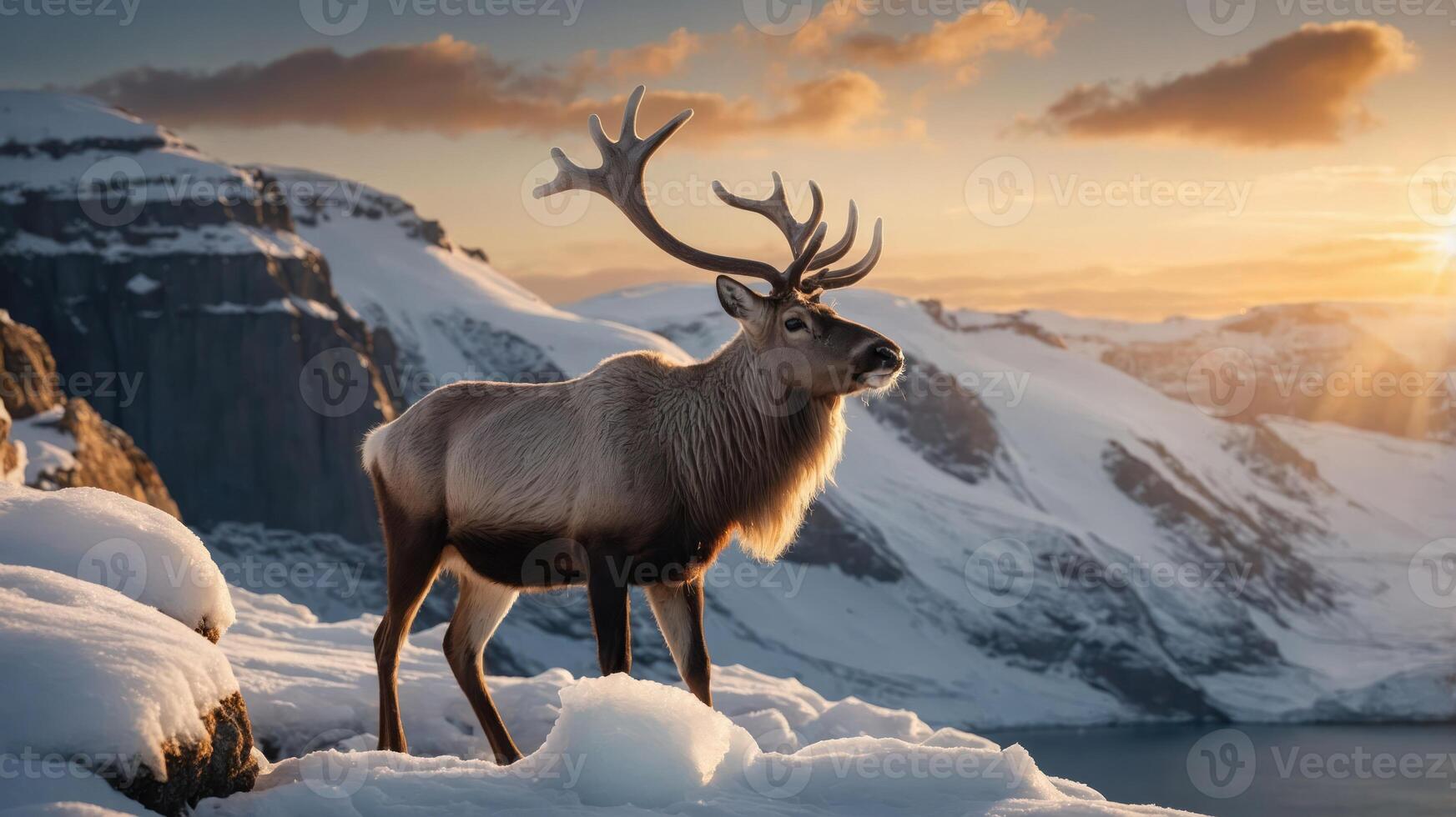 Majestic reindeer standing on snowy terrain with mountains and a sunset in the background photo