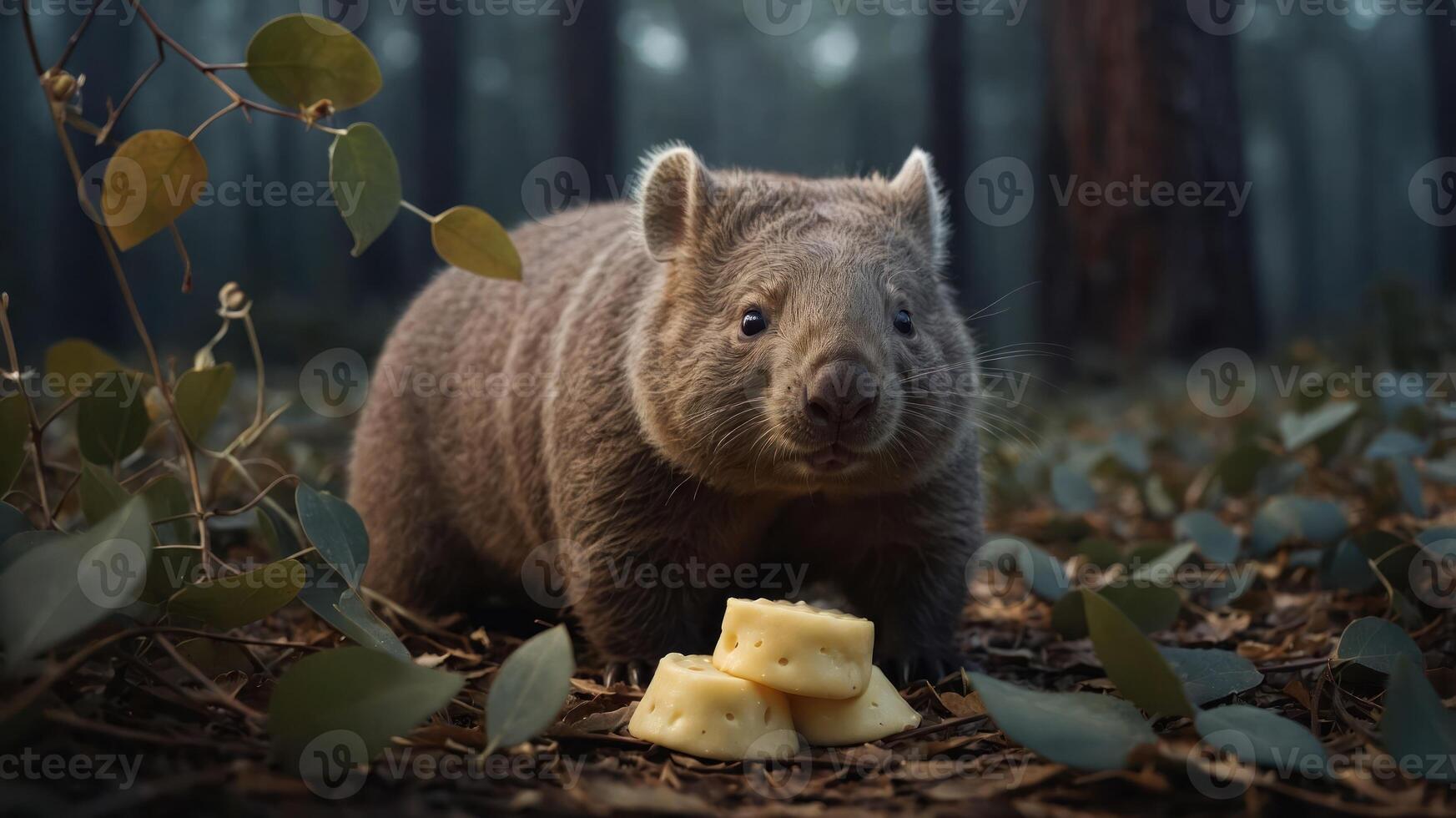 Wombat in a Forest Setting Enjoying Cheese Surrounded by Lush Greenery and Soft Light photo