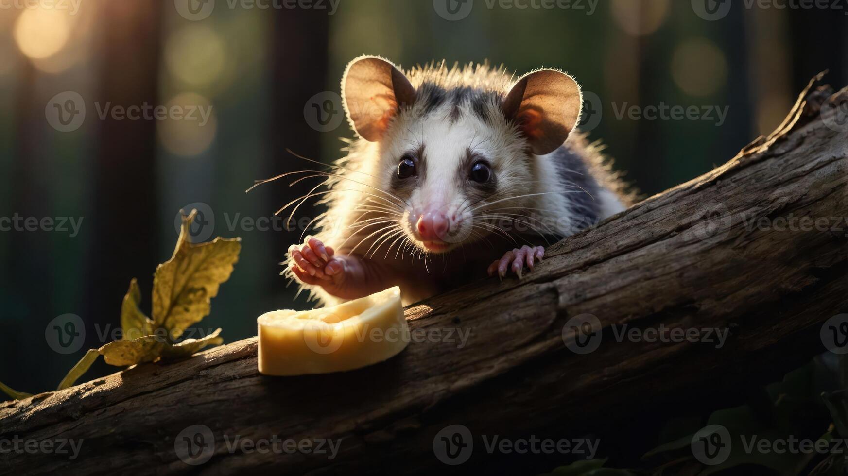 A curious opossum reaching for a piece of cheese on a log in a serene forest setting photo