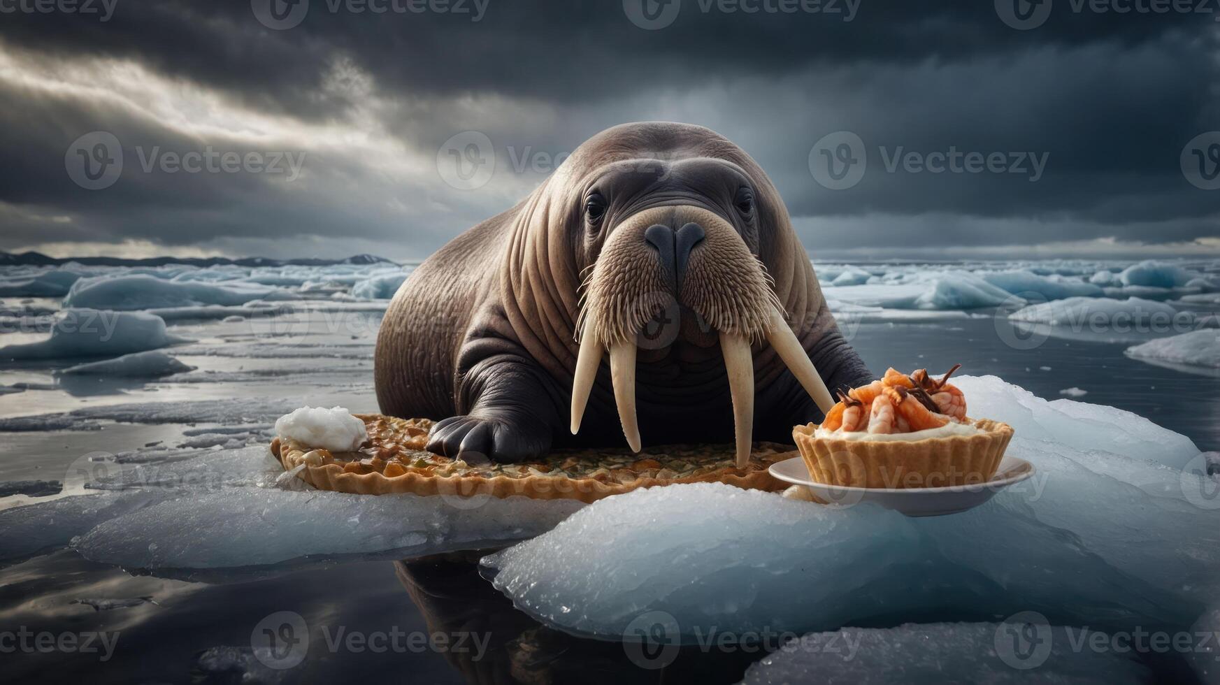 A walrus resting on an ice floe, enjoying seafood delicacies against a dramatic Arctic backdrop photo