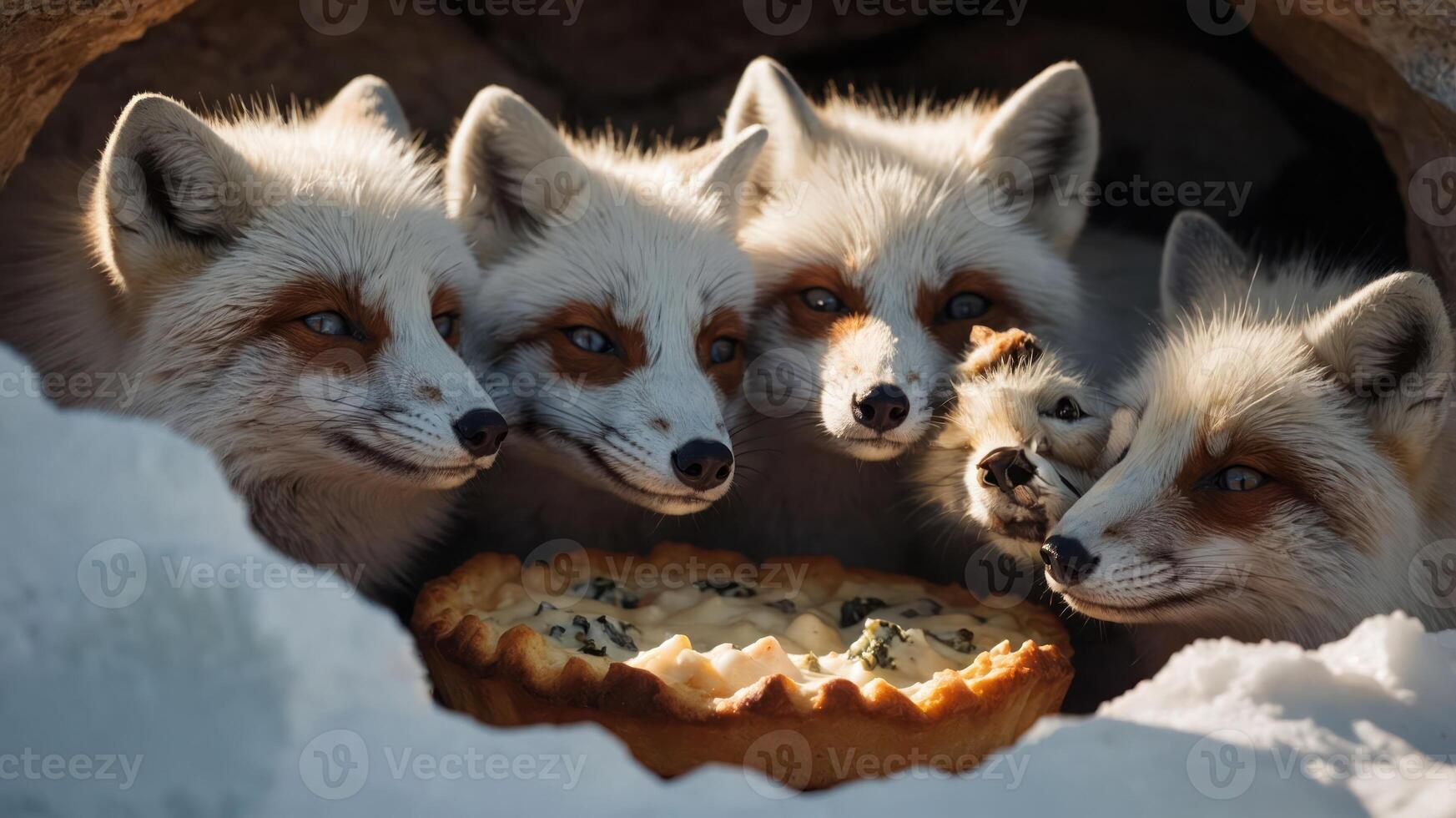 Five foxes gathered around a freshly baked pie in a snowy cave setting, curious and playful photo